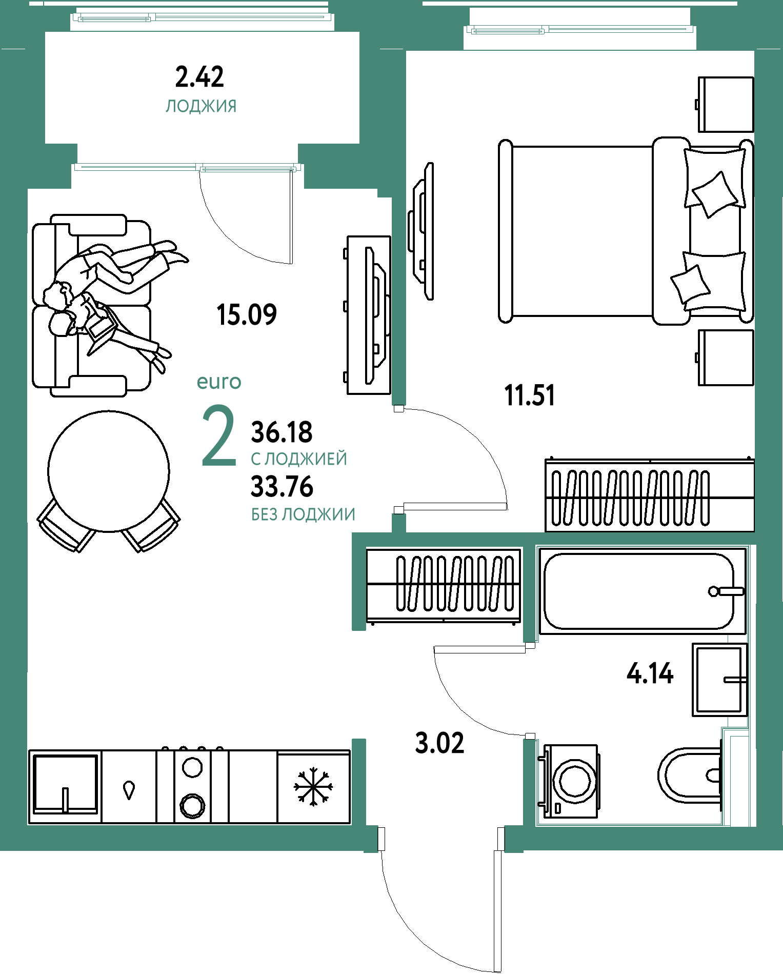 ЖК "Домашний"-2-комнатная 36.18 м²