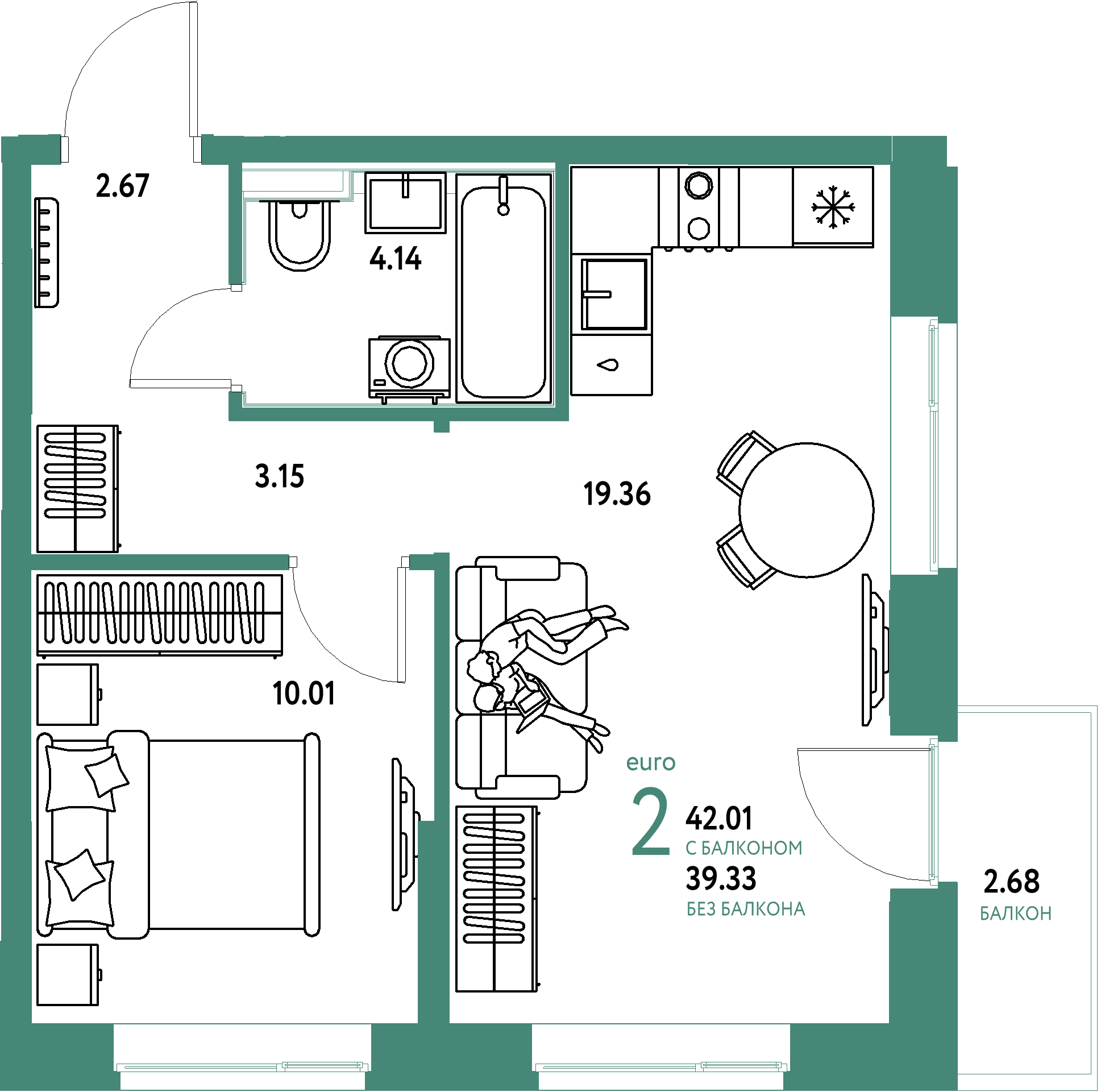ЖК "Домашний"-2-комнатная 42.01 м²