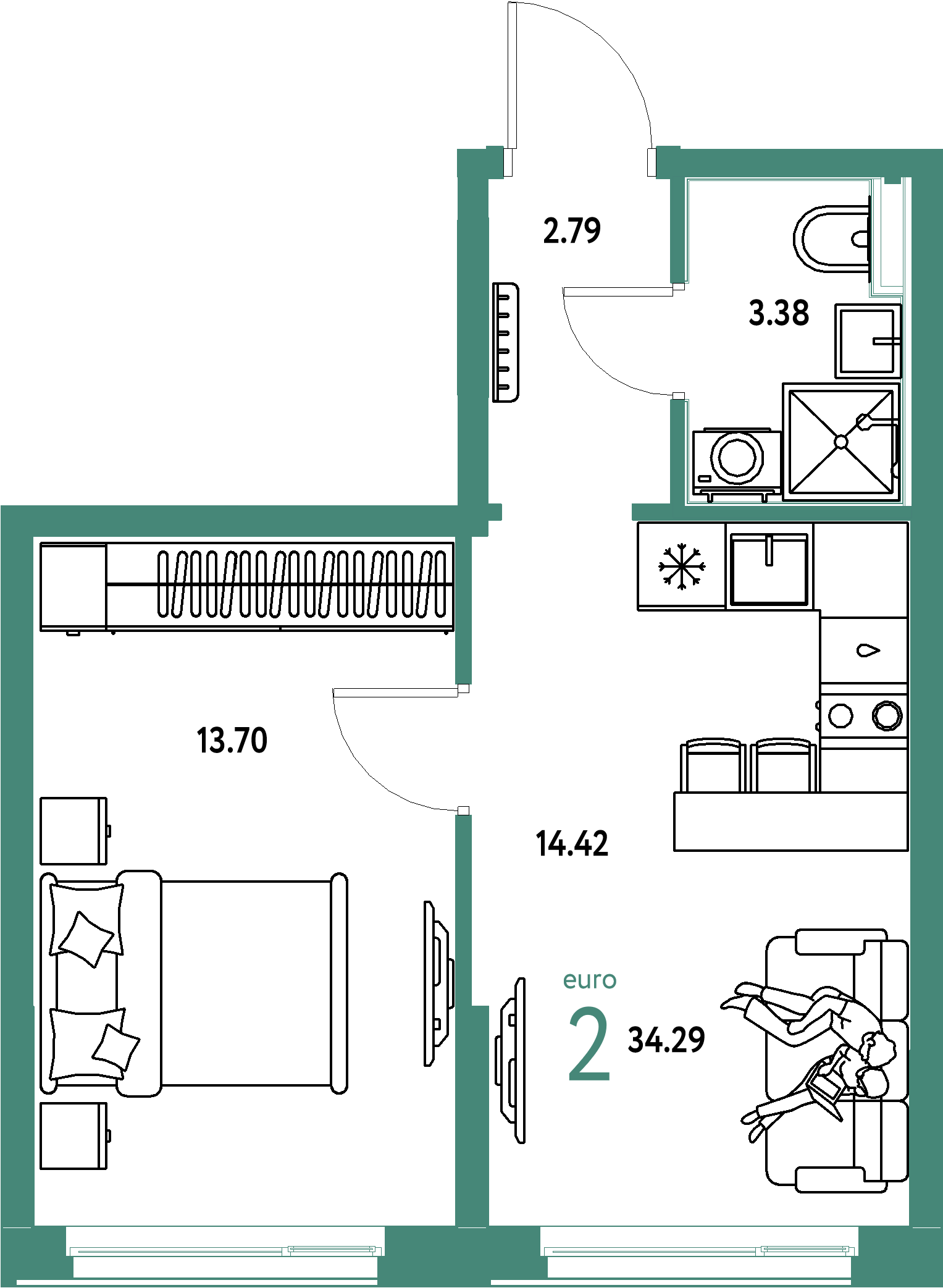 ЖК "Домашний"-2-комнатная 34.29 м²