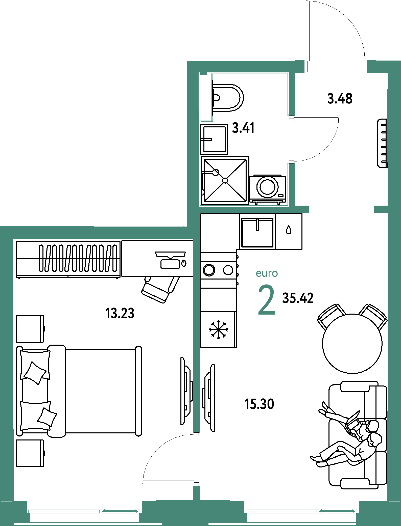ЖК "Домашний"-2-комнатная 35.42 м²