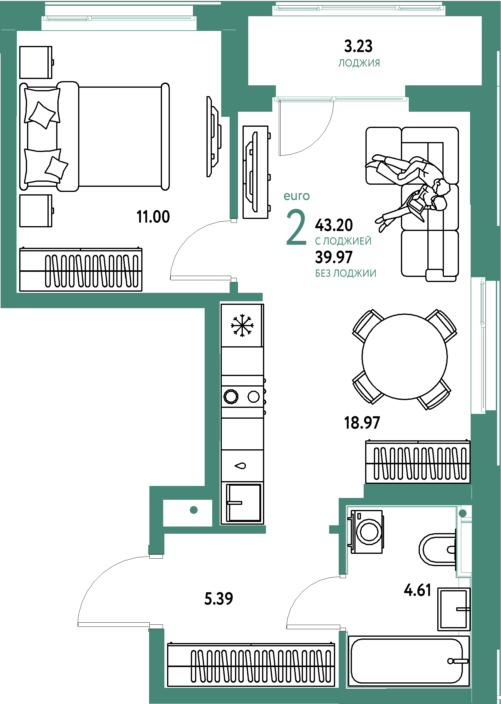 ЖК "Домашний"-2-комнатная 43.2 м²
