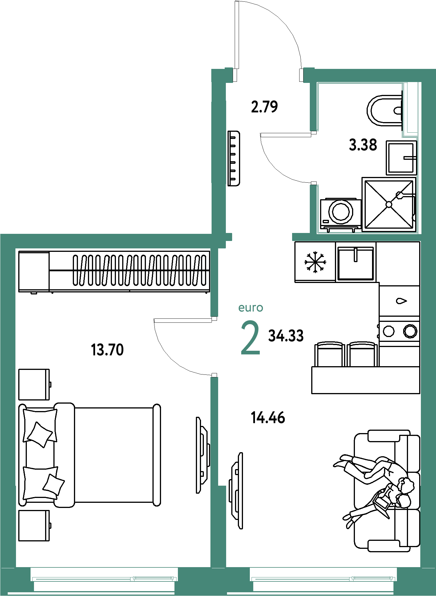 ЖК "Домашний"-2-комнатная 34.33 м²
