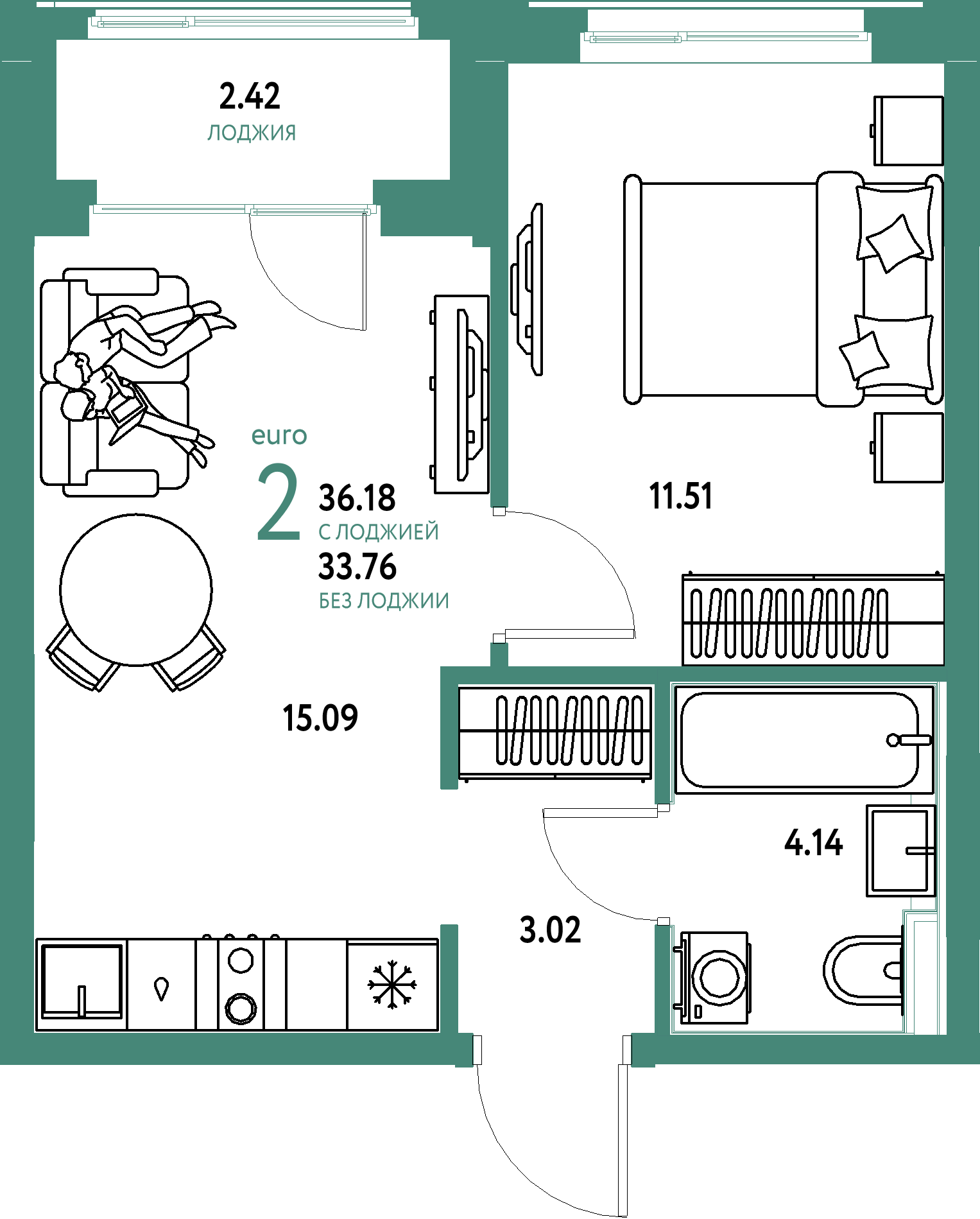ЖК "Домашний"-2-комнатная 36.18 м²