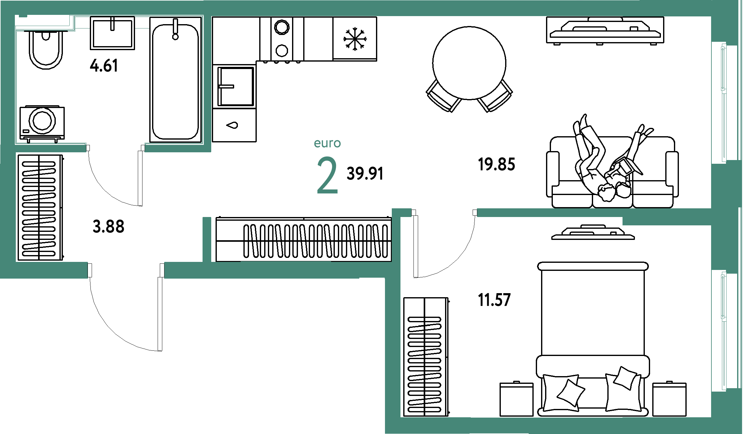 ЖК "Домашний"-2-комнатная 39.91 м²