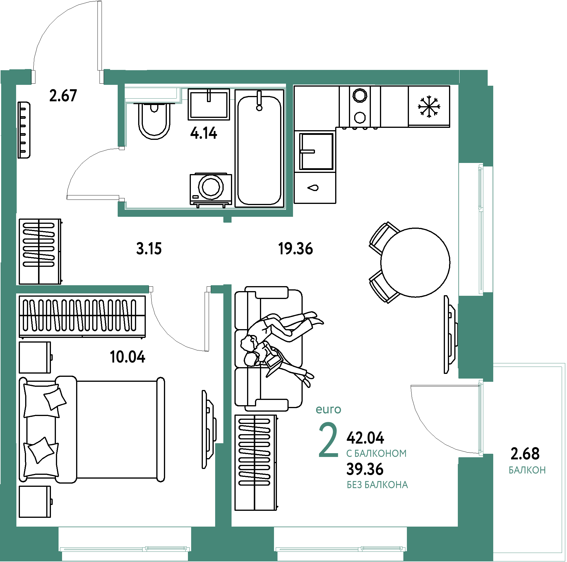 ЖК "Домашний"-2-комнатная 42.04 м²