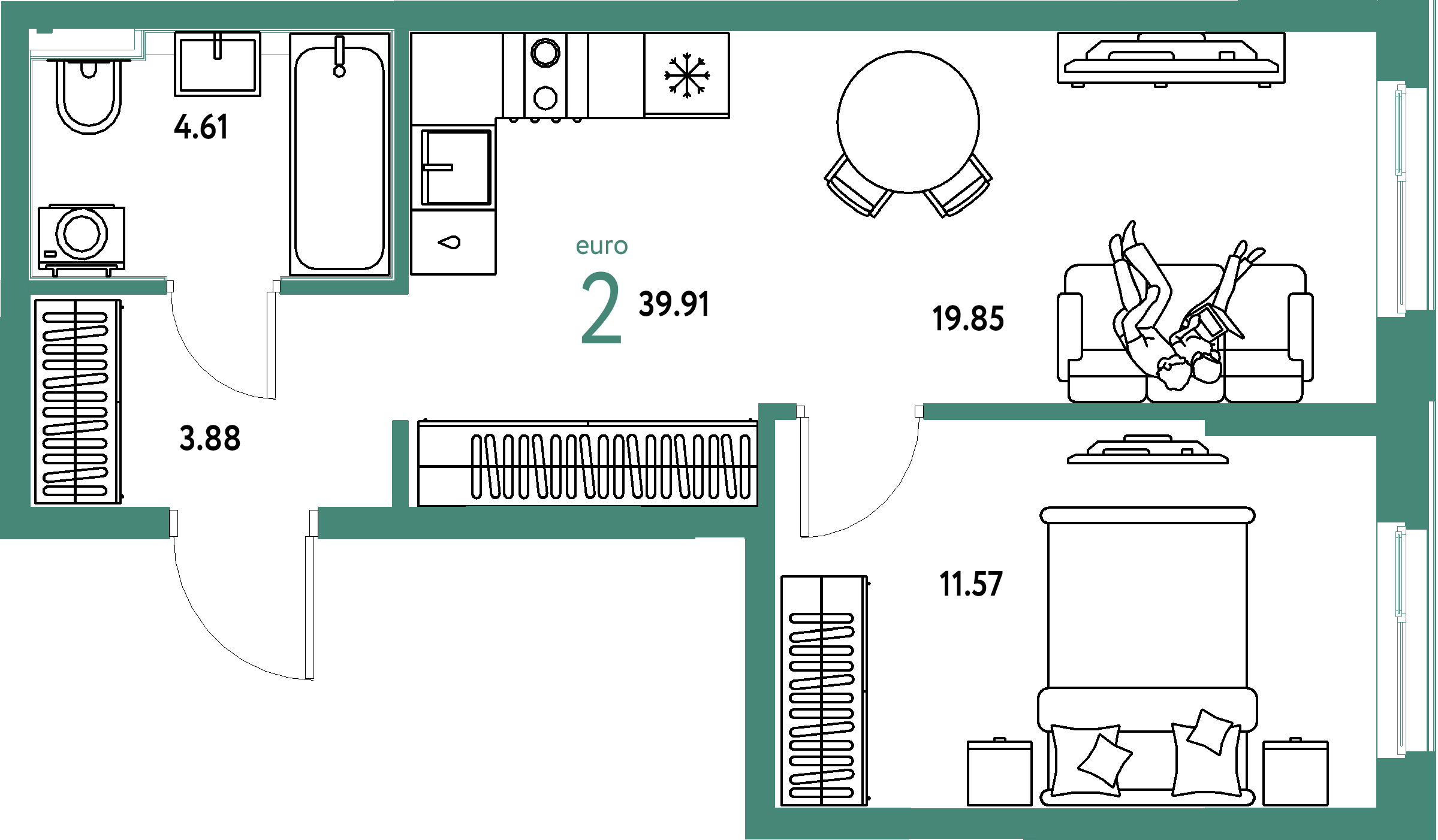 ЖК "Домашний"-2-комнатная 39.91 м²