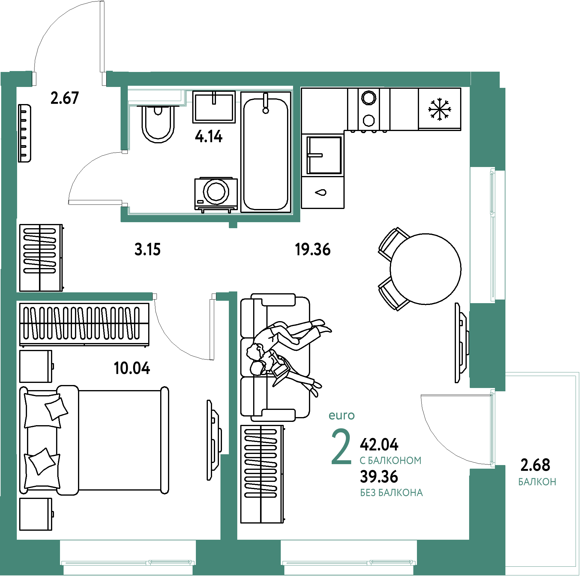 ЖК "Домашний"-2-комнатная 42.04 м²