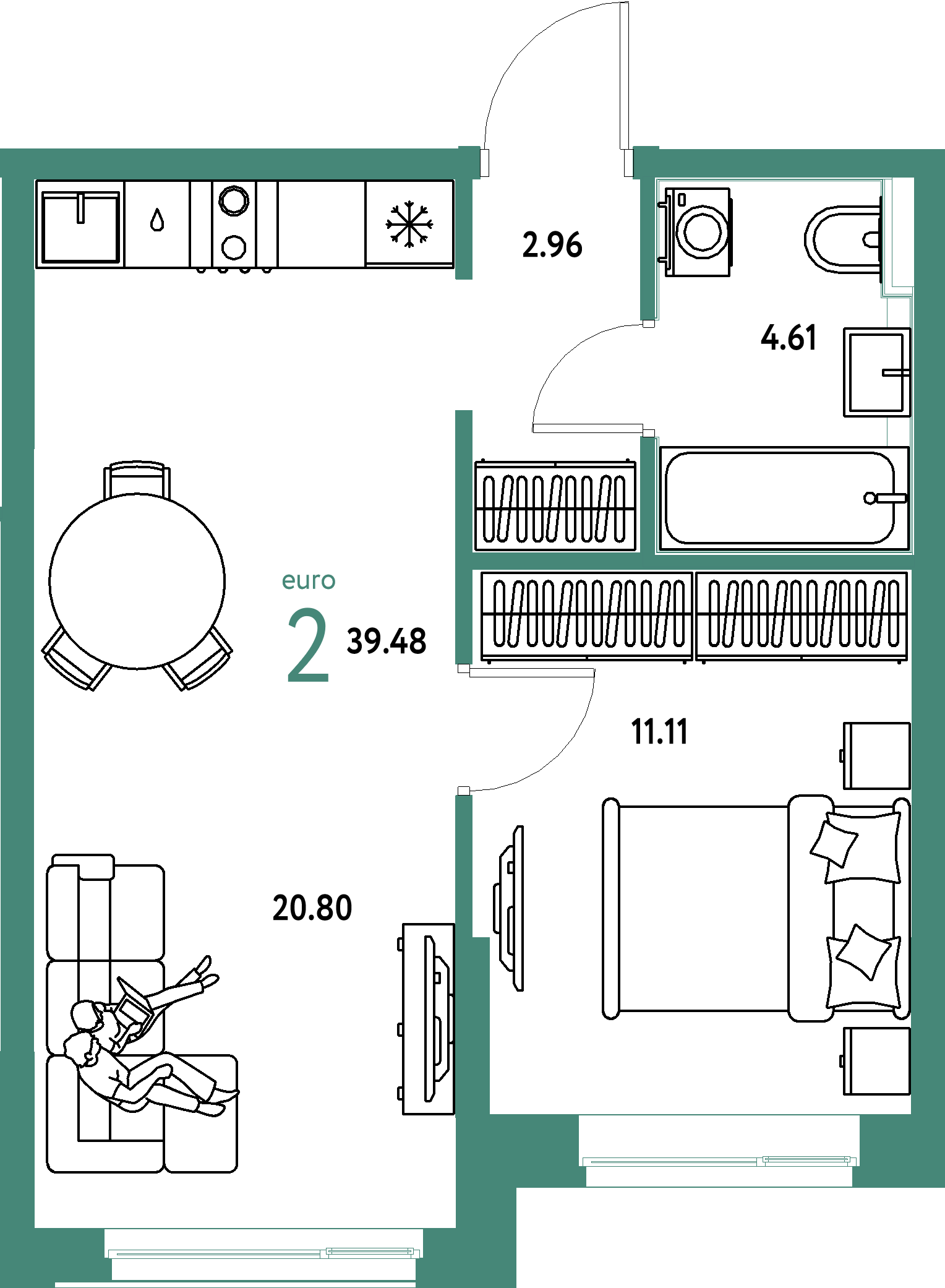 ЖК "Домашний"-2-комнатная 39.48 м²