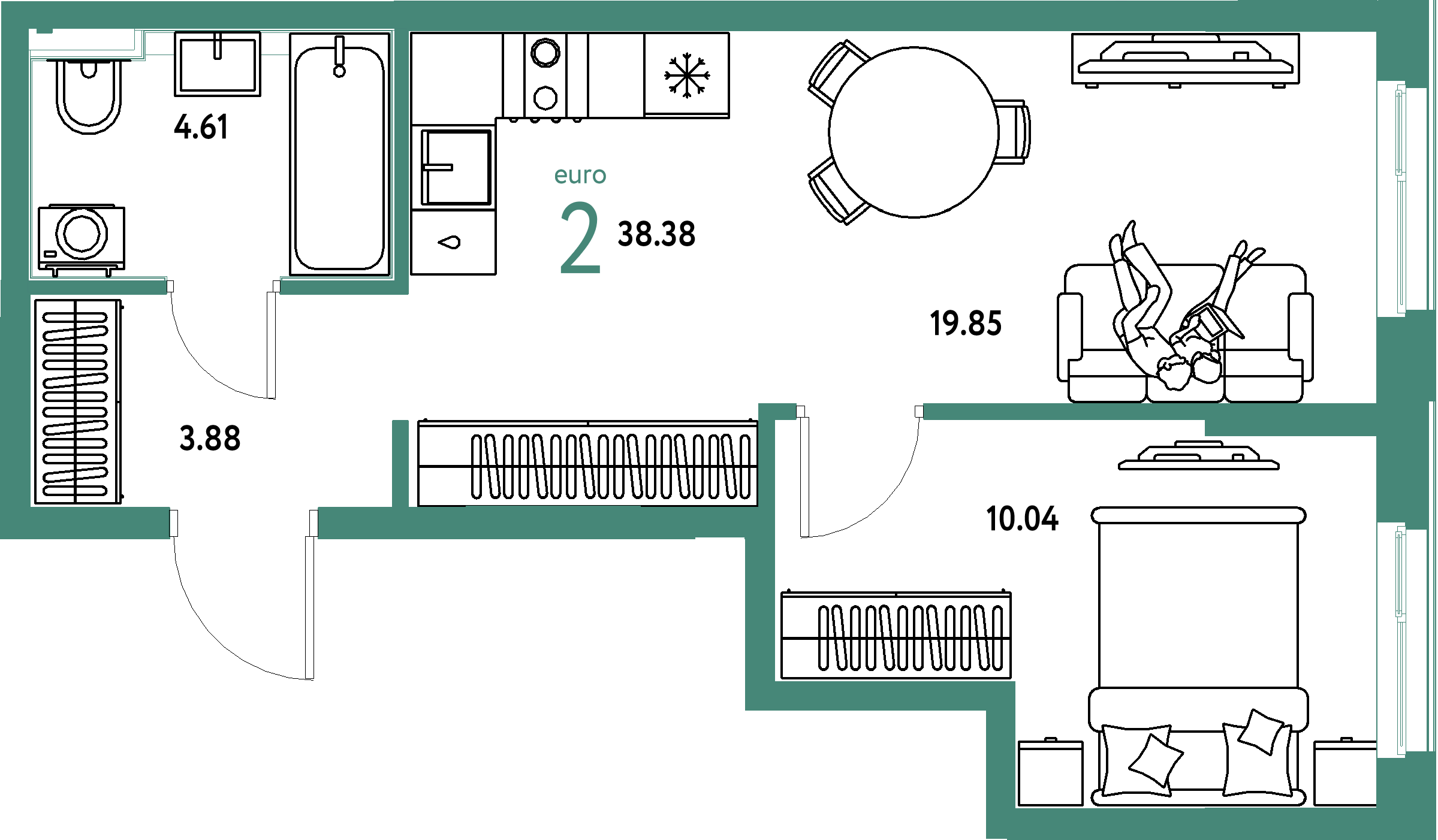 ЖК "Домашний"-2-комнатная 38.38 м²