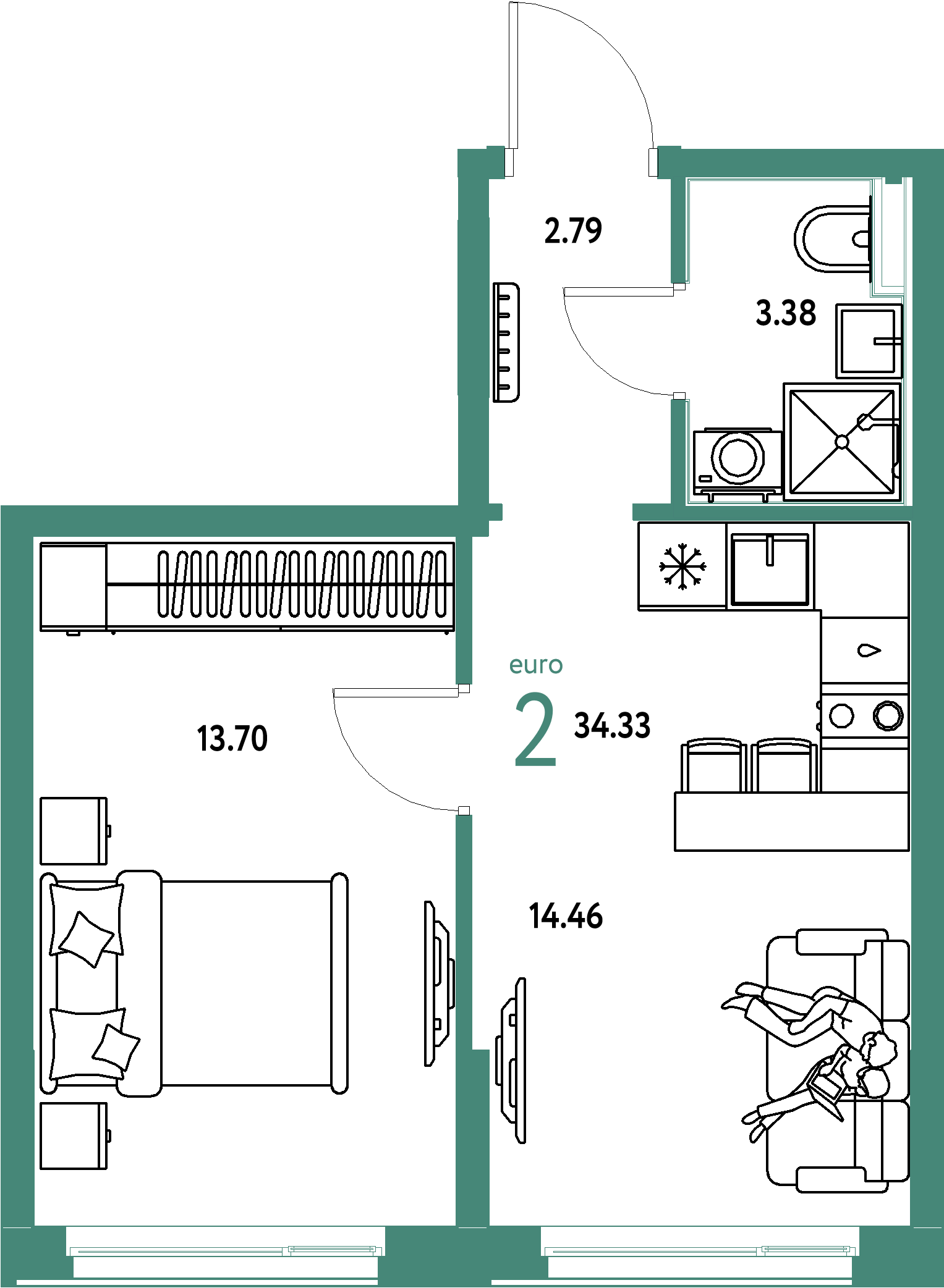 ЖК "Домашний"-2-комнатная 34.33 м²