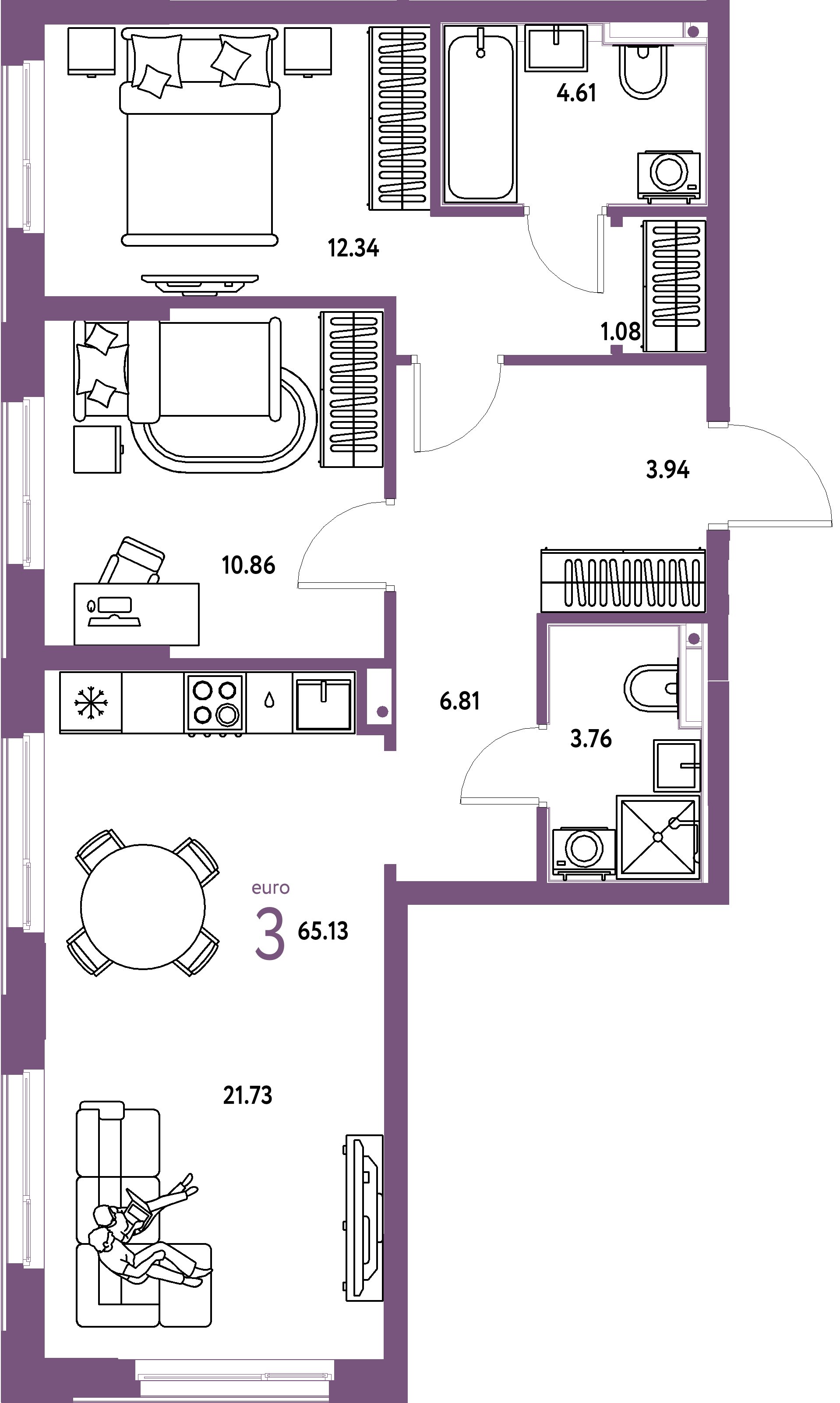 ЖК "Домашний"-3-комнатная 65.13 м²