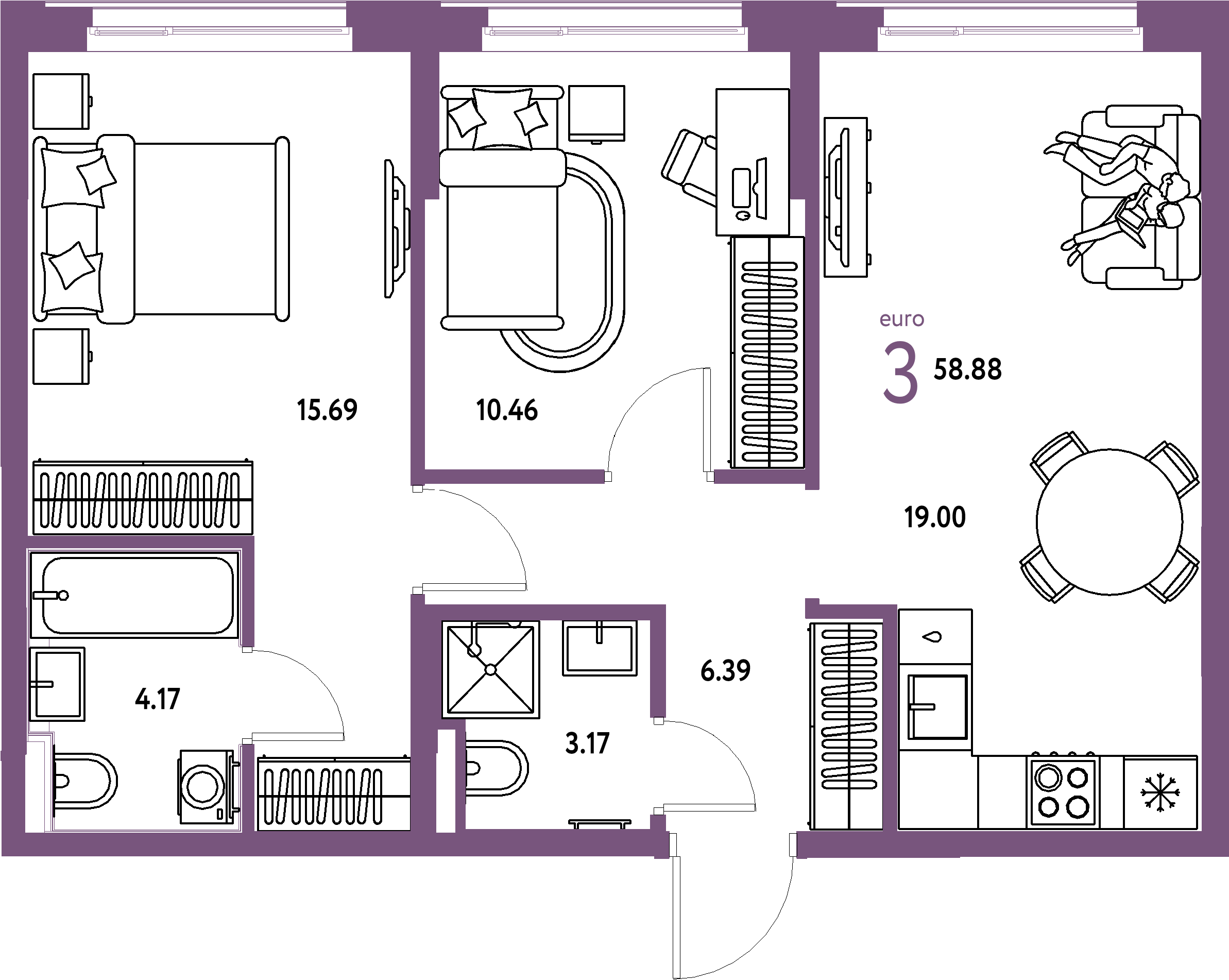 ЖК "Домашний"-3-комнатная 58.88 м²