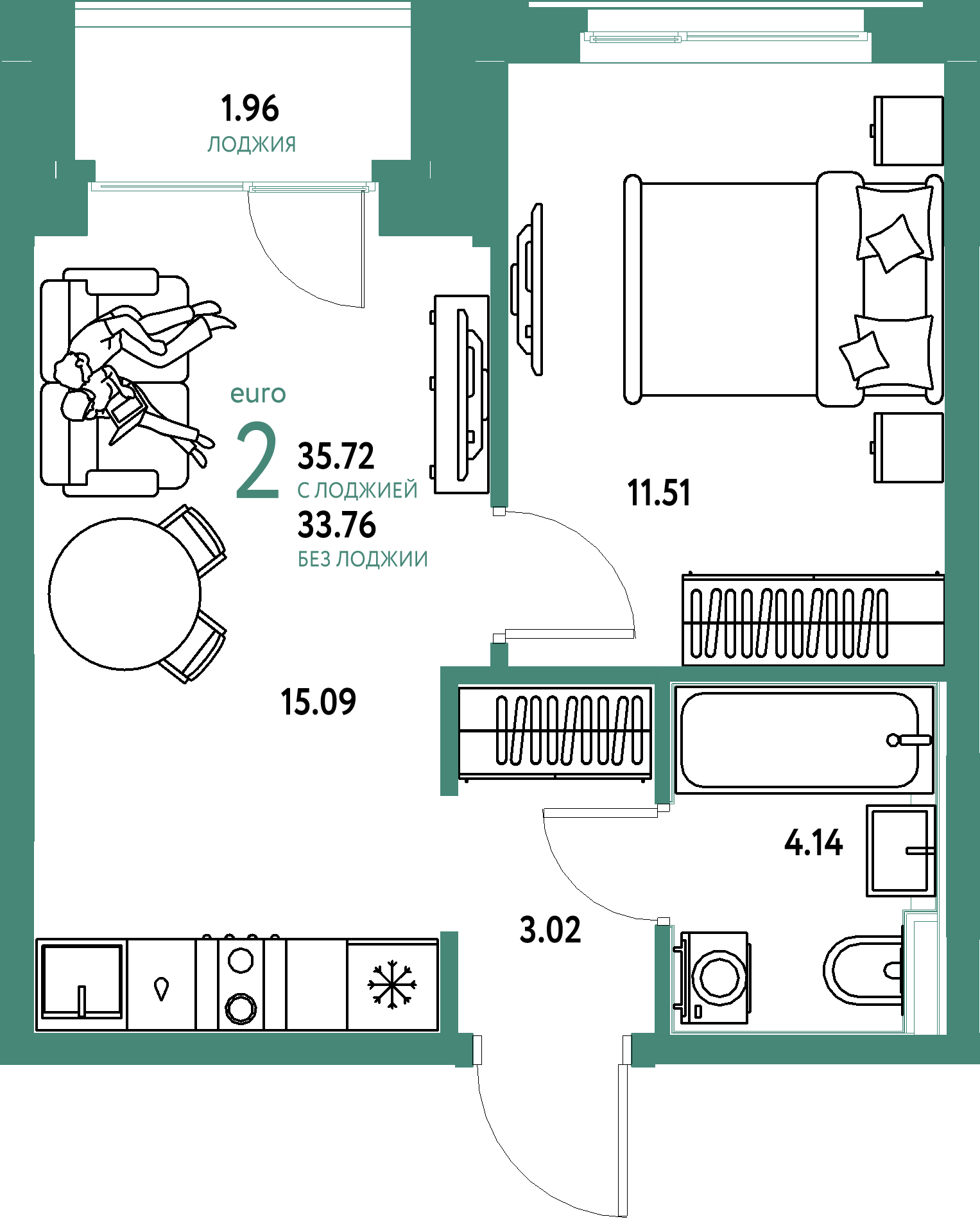 ЖК "Домашний"-2-комнатная 35.72 м²