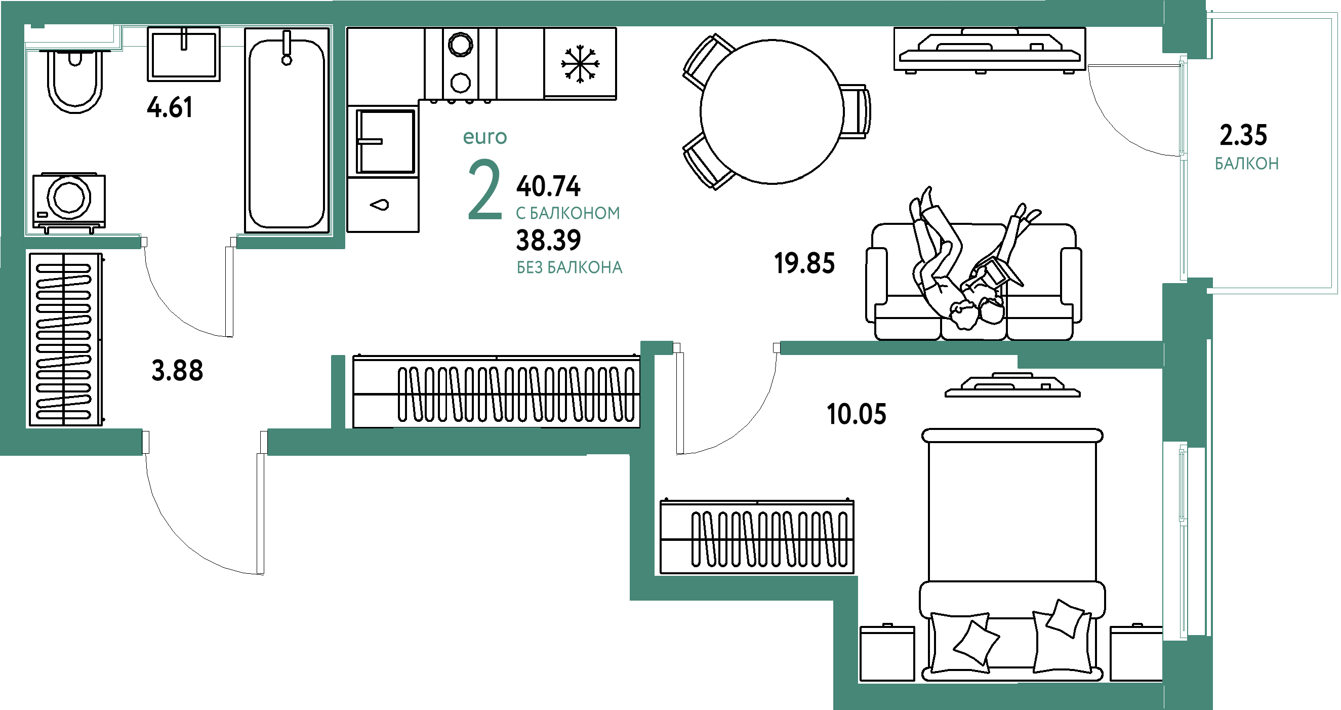 ЖК "Домашний"-2-комнатная 40.74 м²