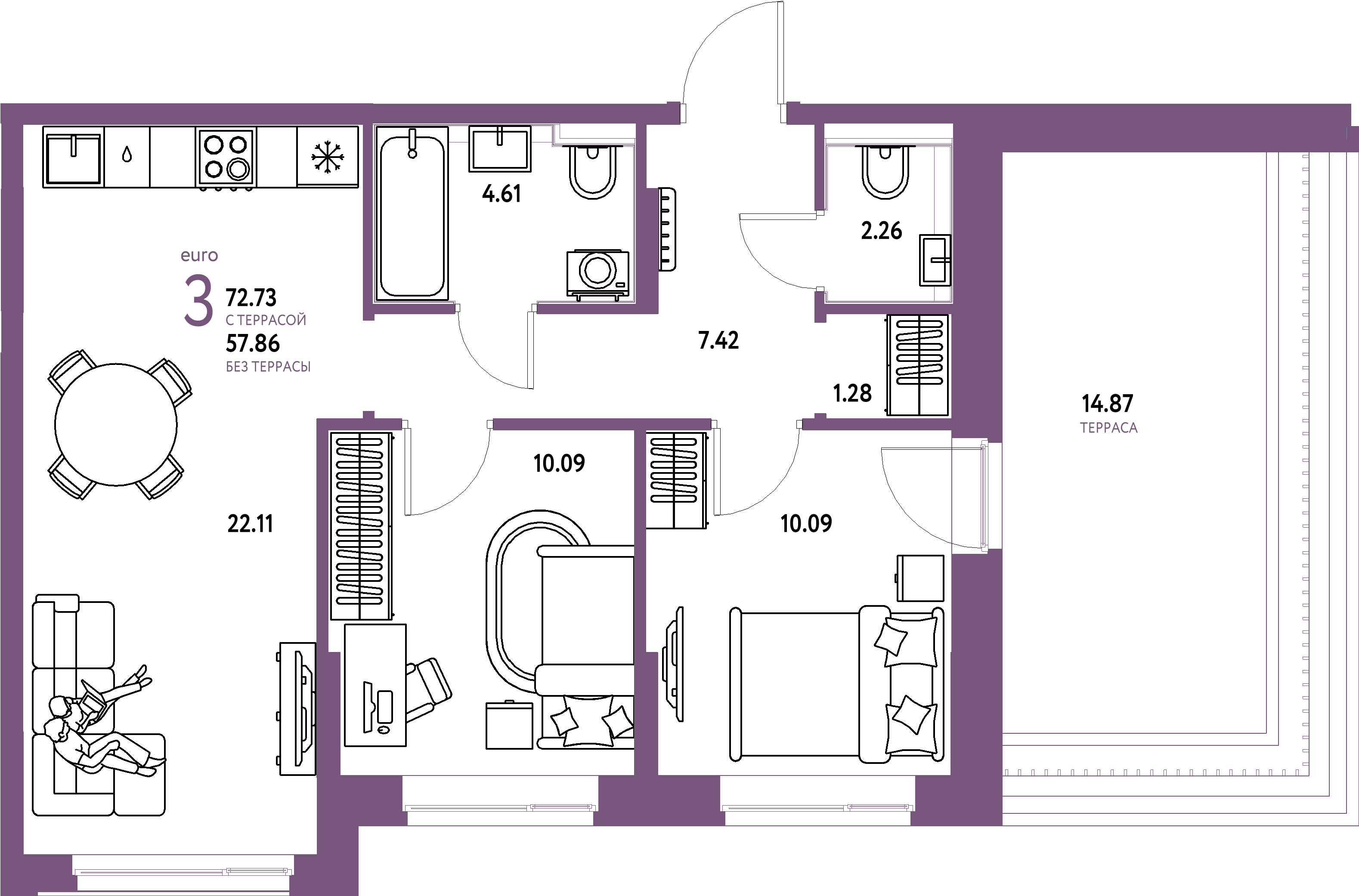ЖК "Домашний"-3-комнатная 72.73 м²