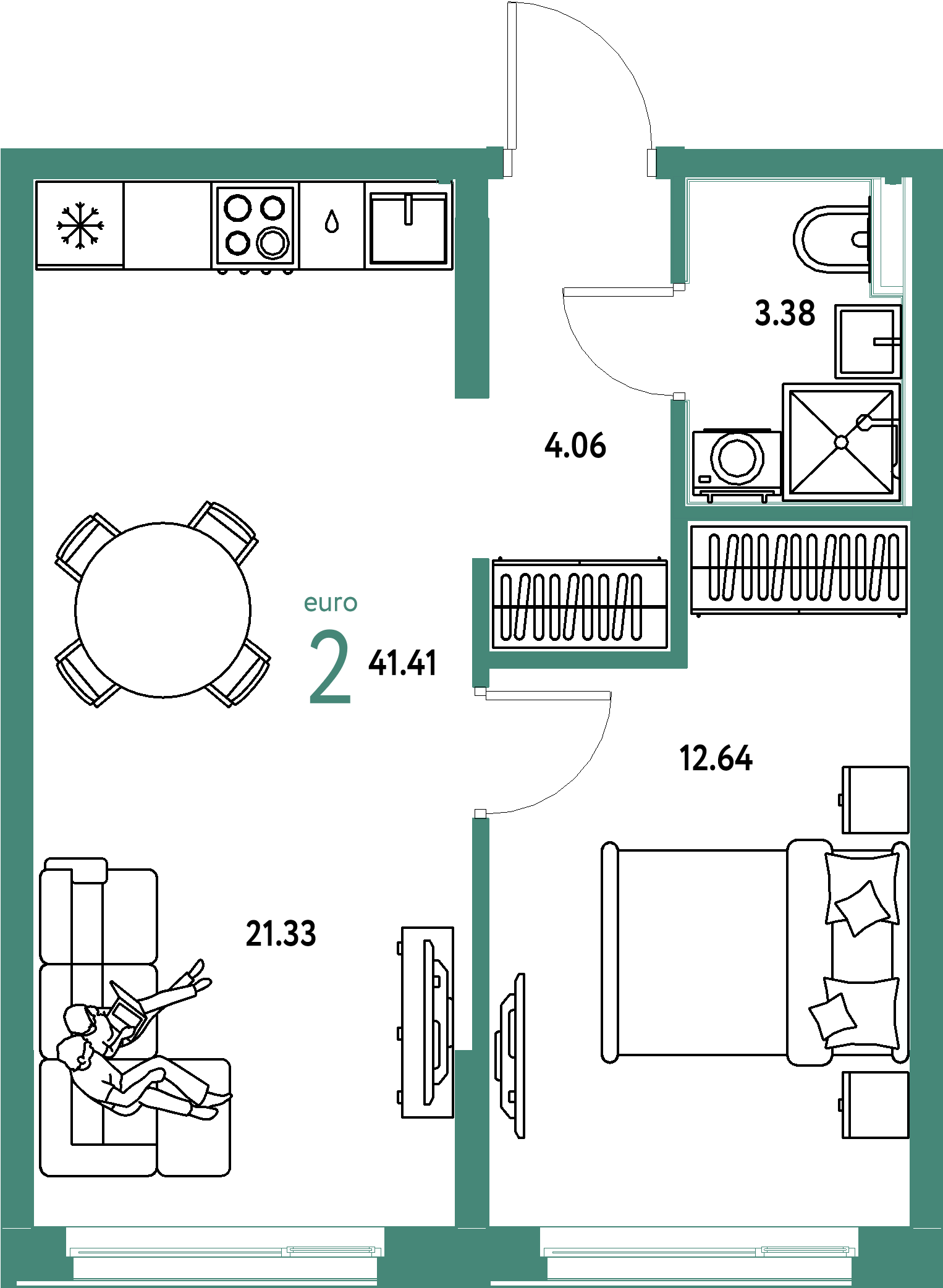 ЖК "Домашний"-2-комнатная 41.41 м²