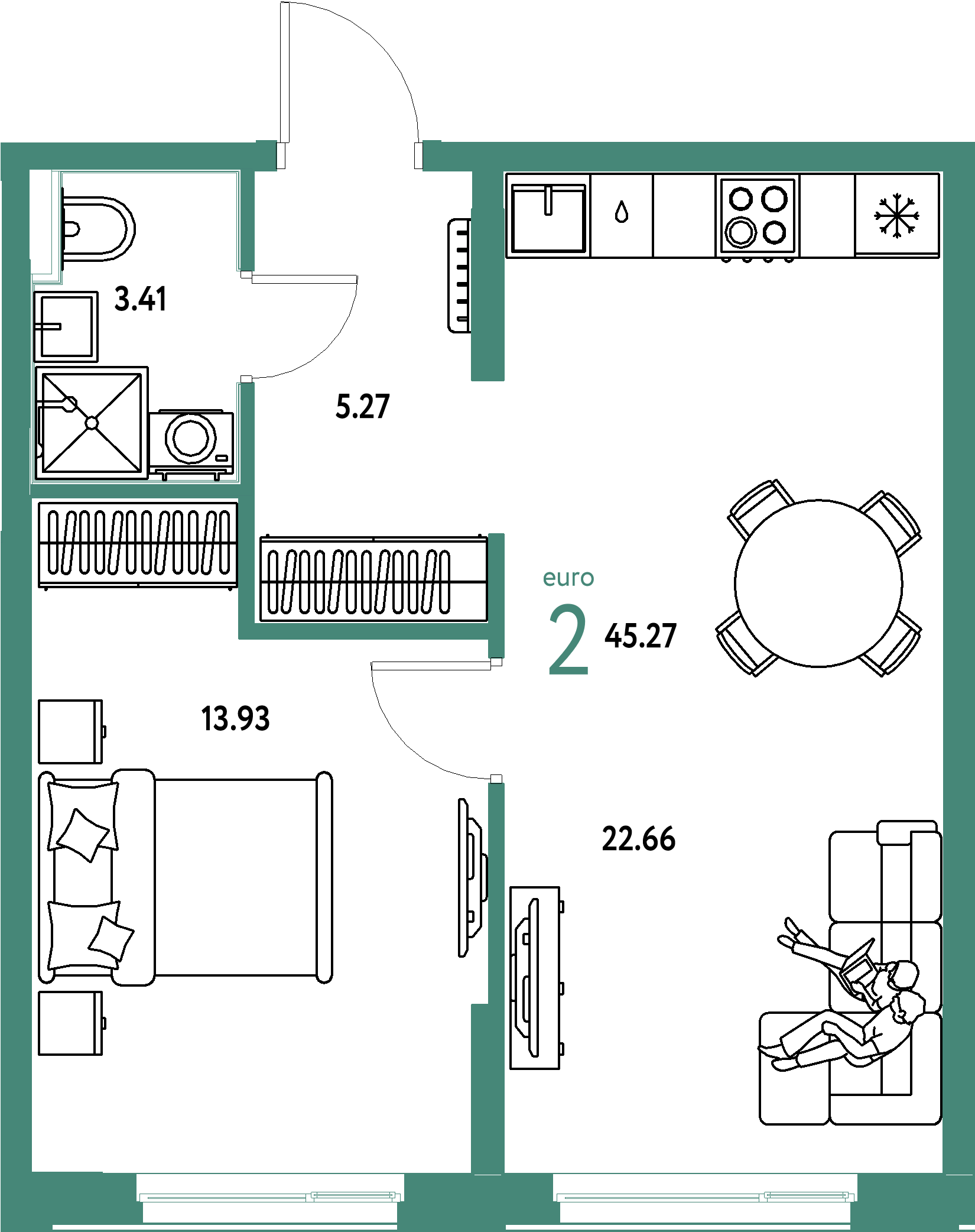 ЖК "Домашний"-2-комнатная 45.27 м²