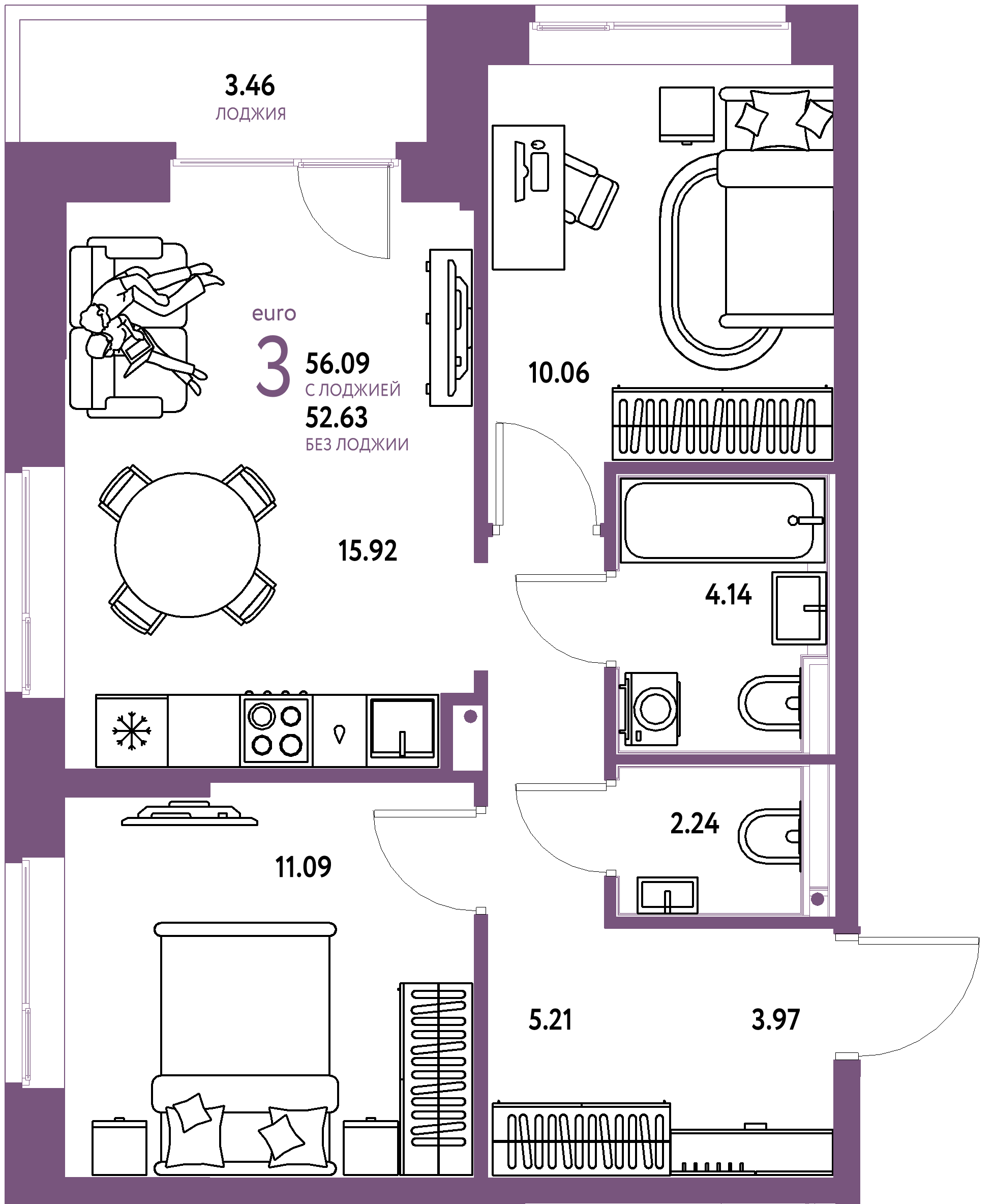 ЖК "Домашний"-3-комнатная 56.09 м²