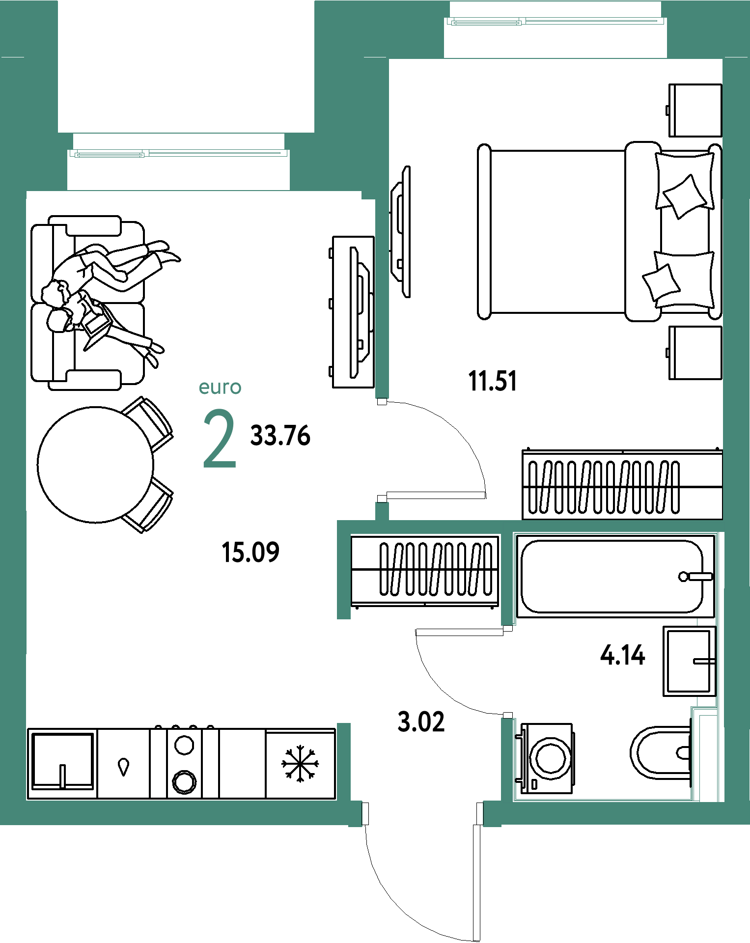 ЖК "Домашний"-2-комнатная 33.76 м²