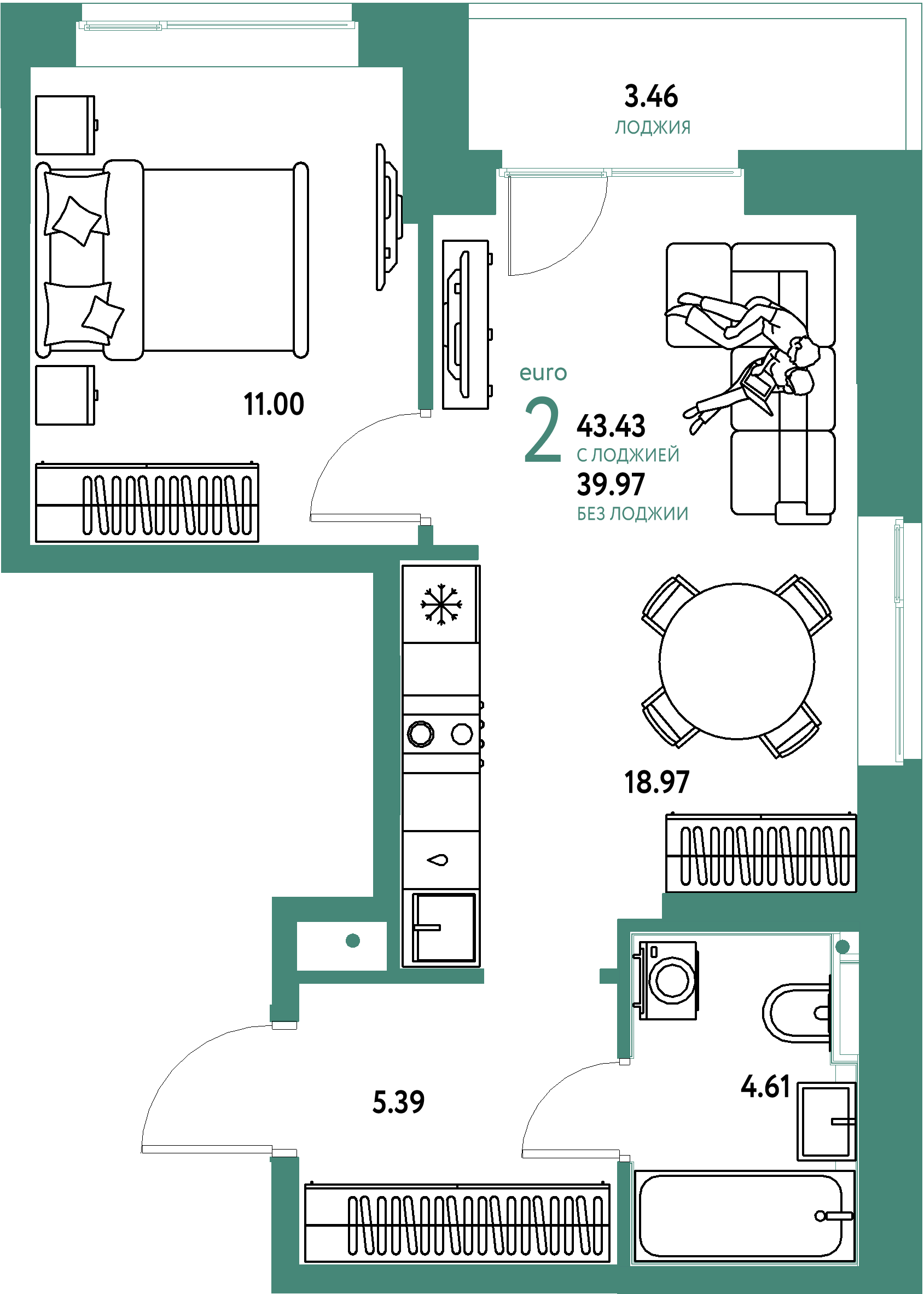 ЖК "Домашний"-2-комнатная 43.43 м²