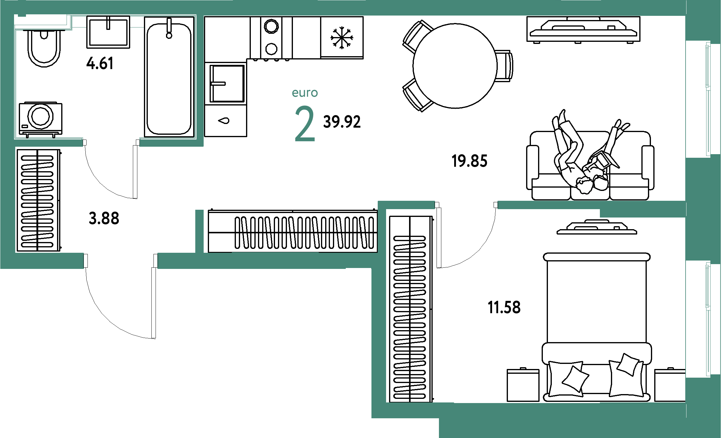 ЖК "Домашний"-2-комнатная 39.92 м²
