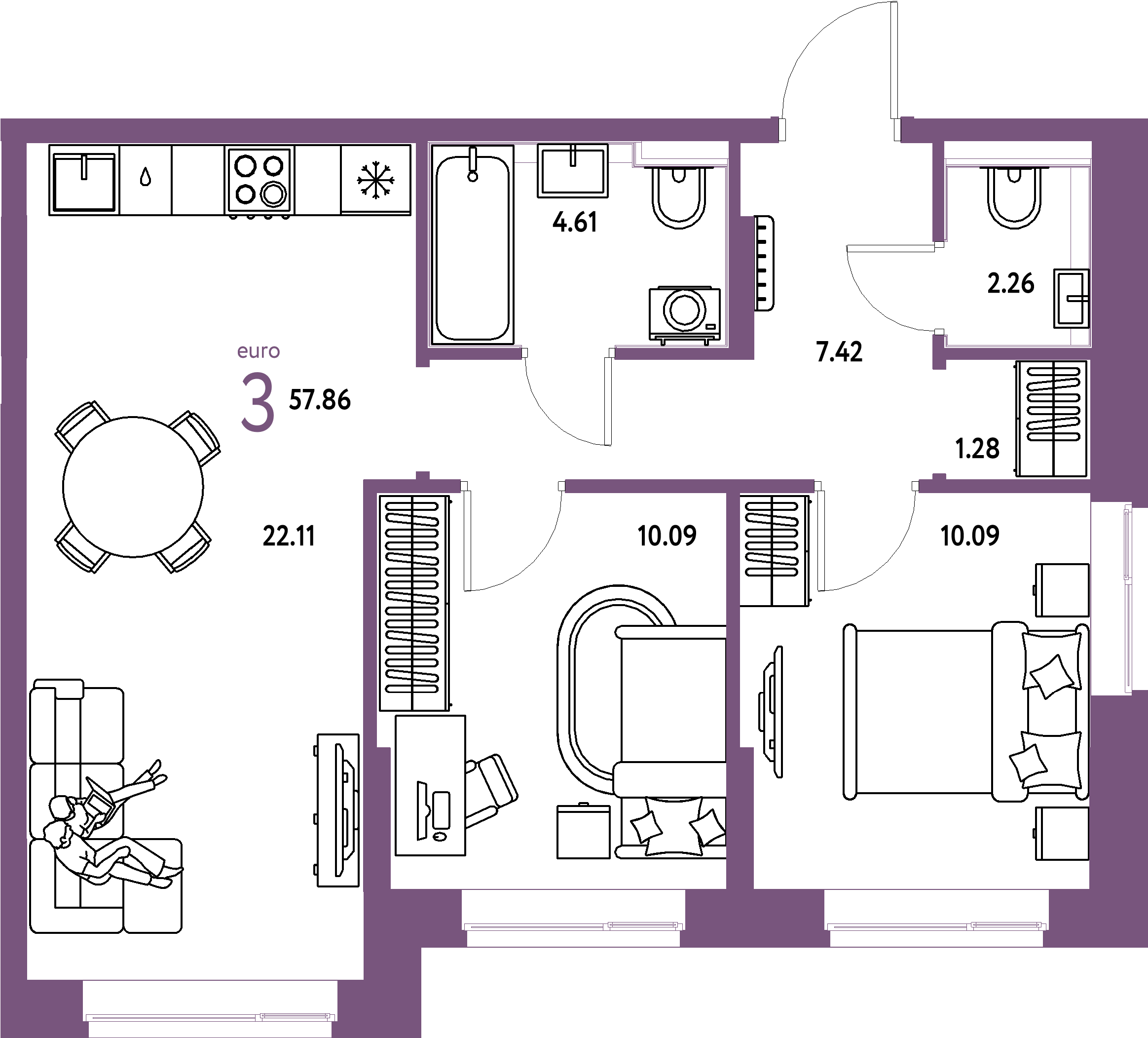 ЖК "Домашний"-3-комнатная 57.86 м²