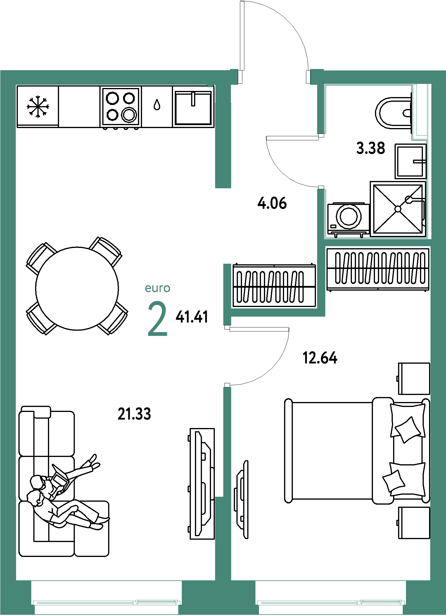 ЖК "Домашний"-2-комнатная 41.41 м²