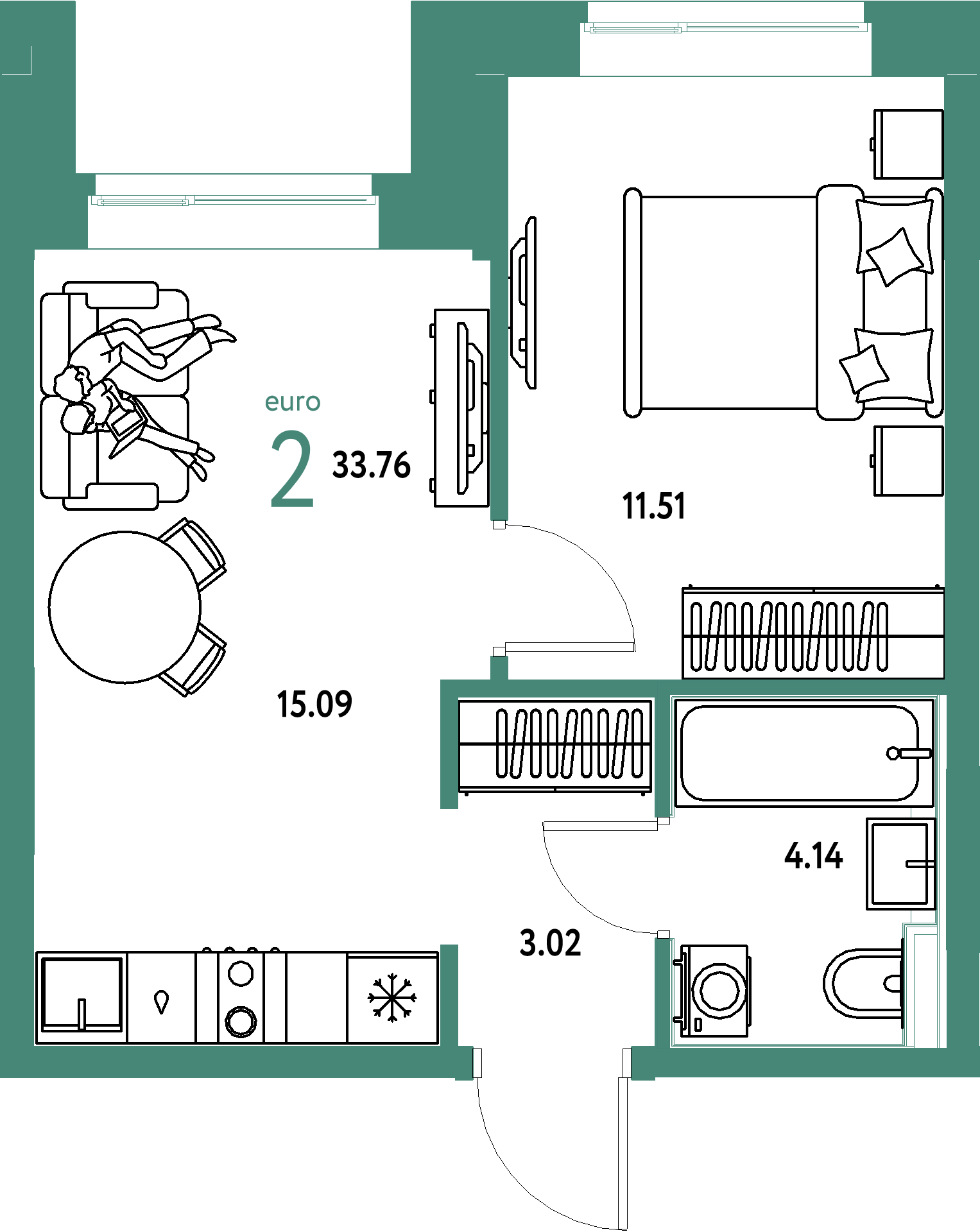 ЖК "Домашний"-2-комнатная 33.76 м²