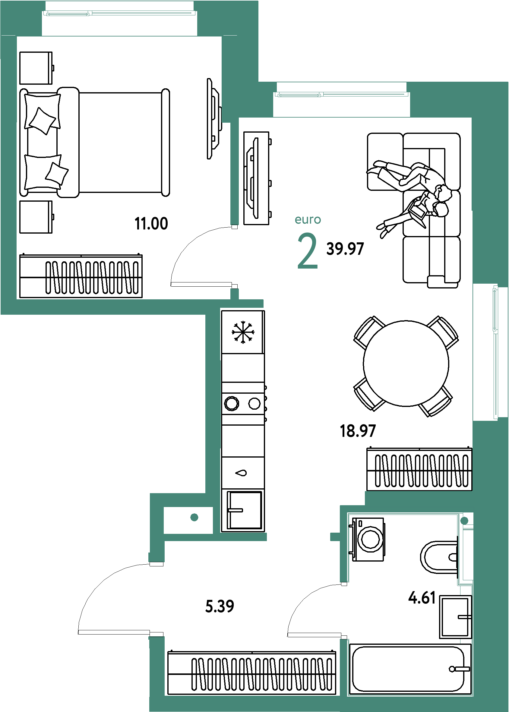 ЖК "Домашний"-2-комнатная 39.97 м²