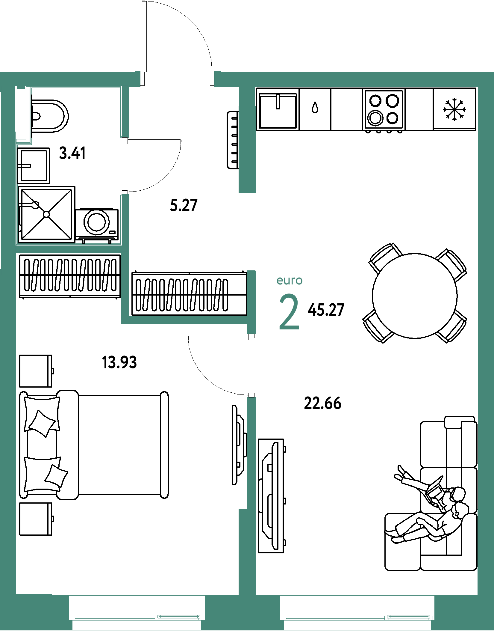 ЖК "Домашний"-2-комнатная 45.27 м²