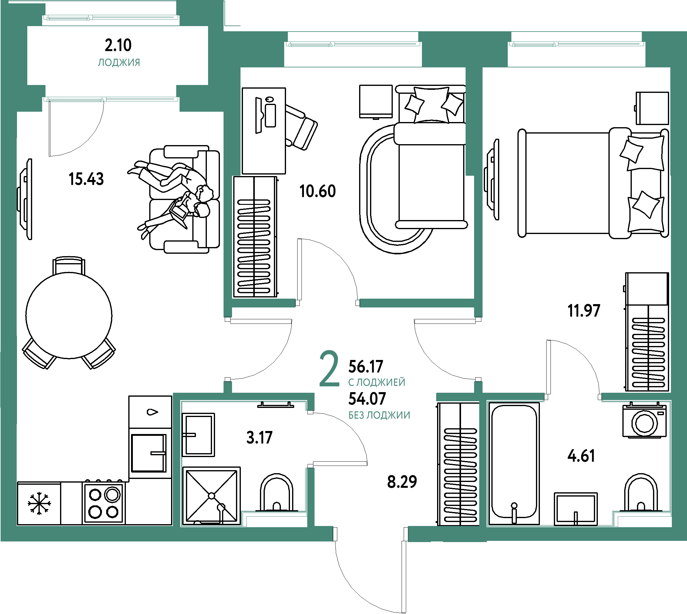 ЖК "Домашний"-2-комнатная 56.17 м²