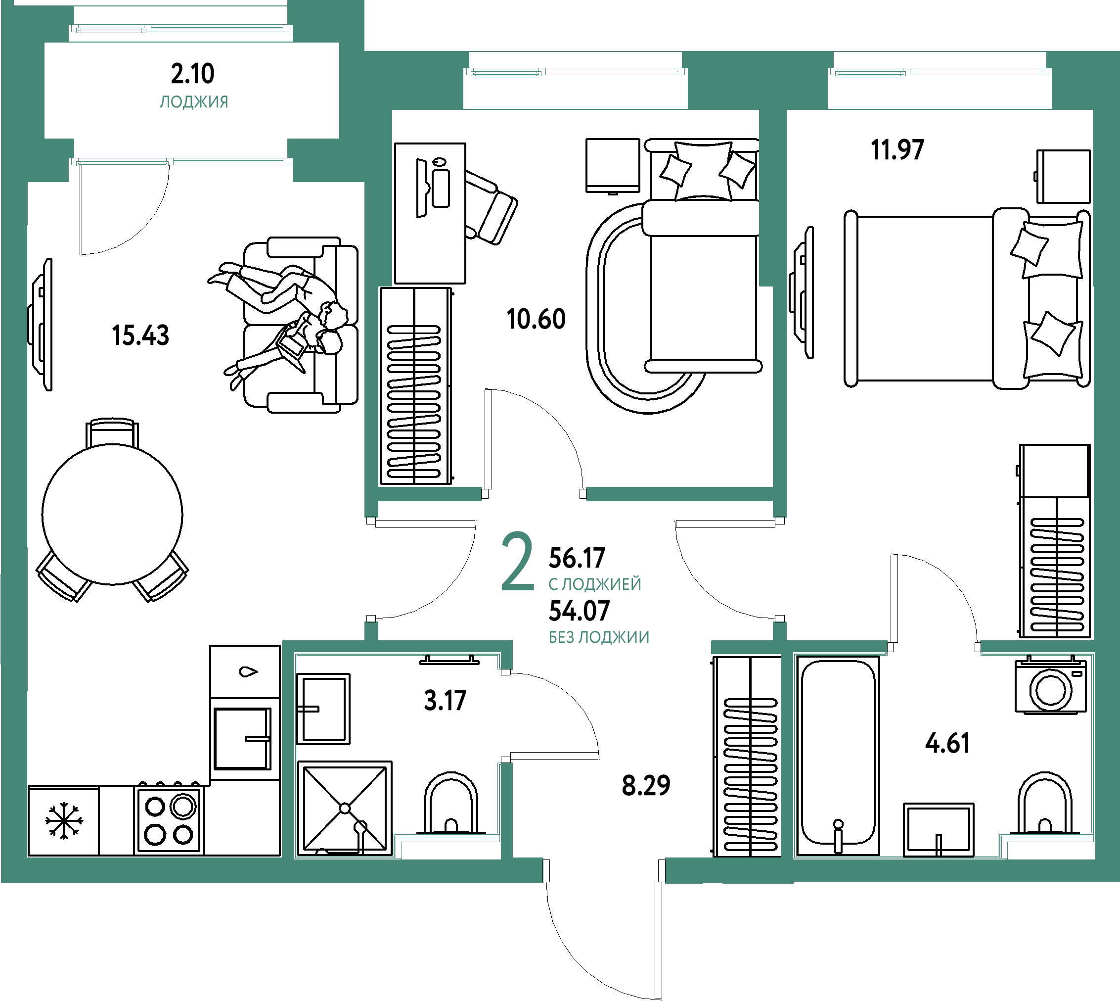 ЖК "Домашний"-2-комнатная 56.17 м²