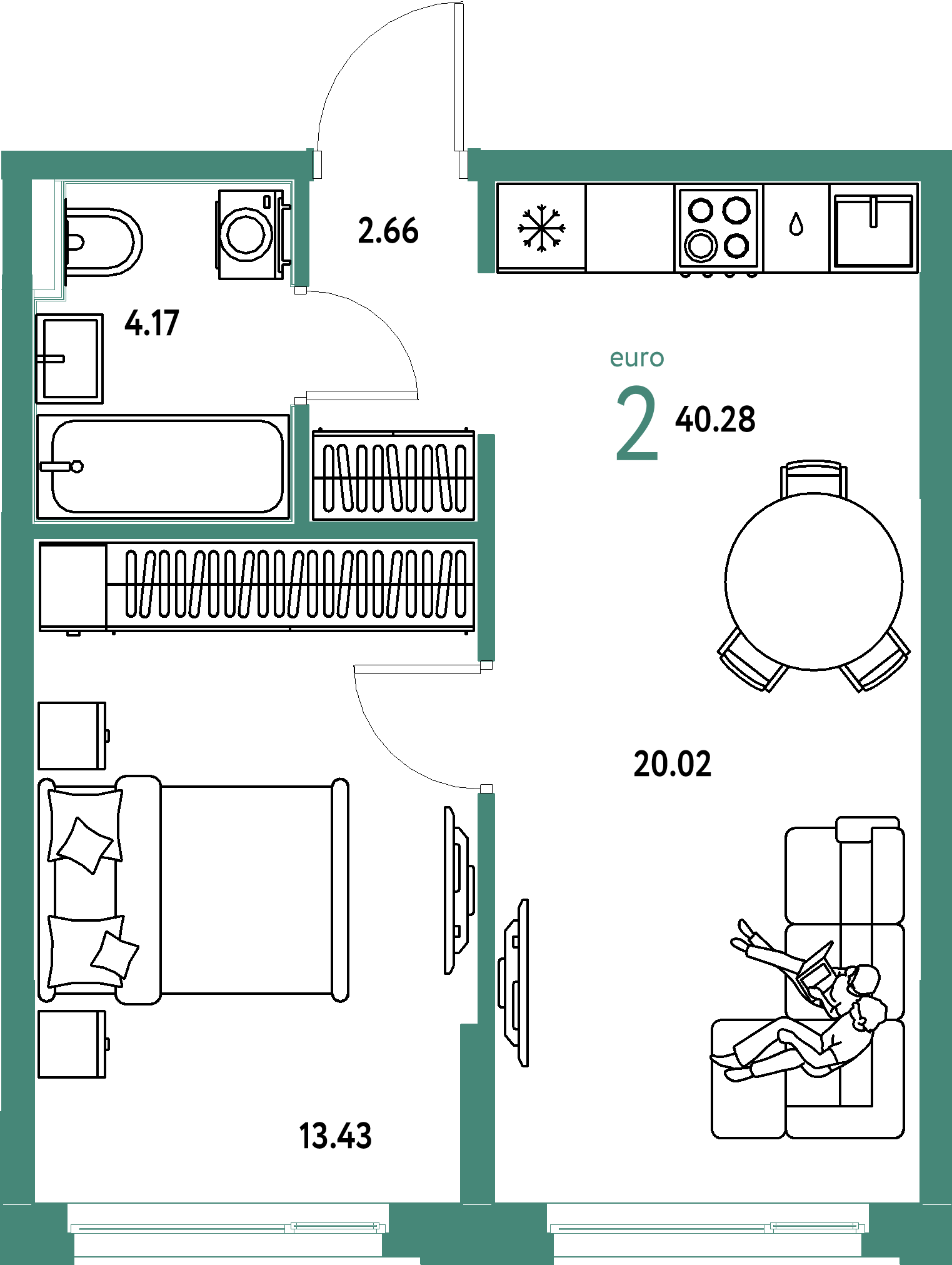 ЖК "Домашний"-2-комнатная 40.28 м²