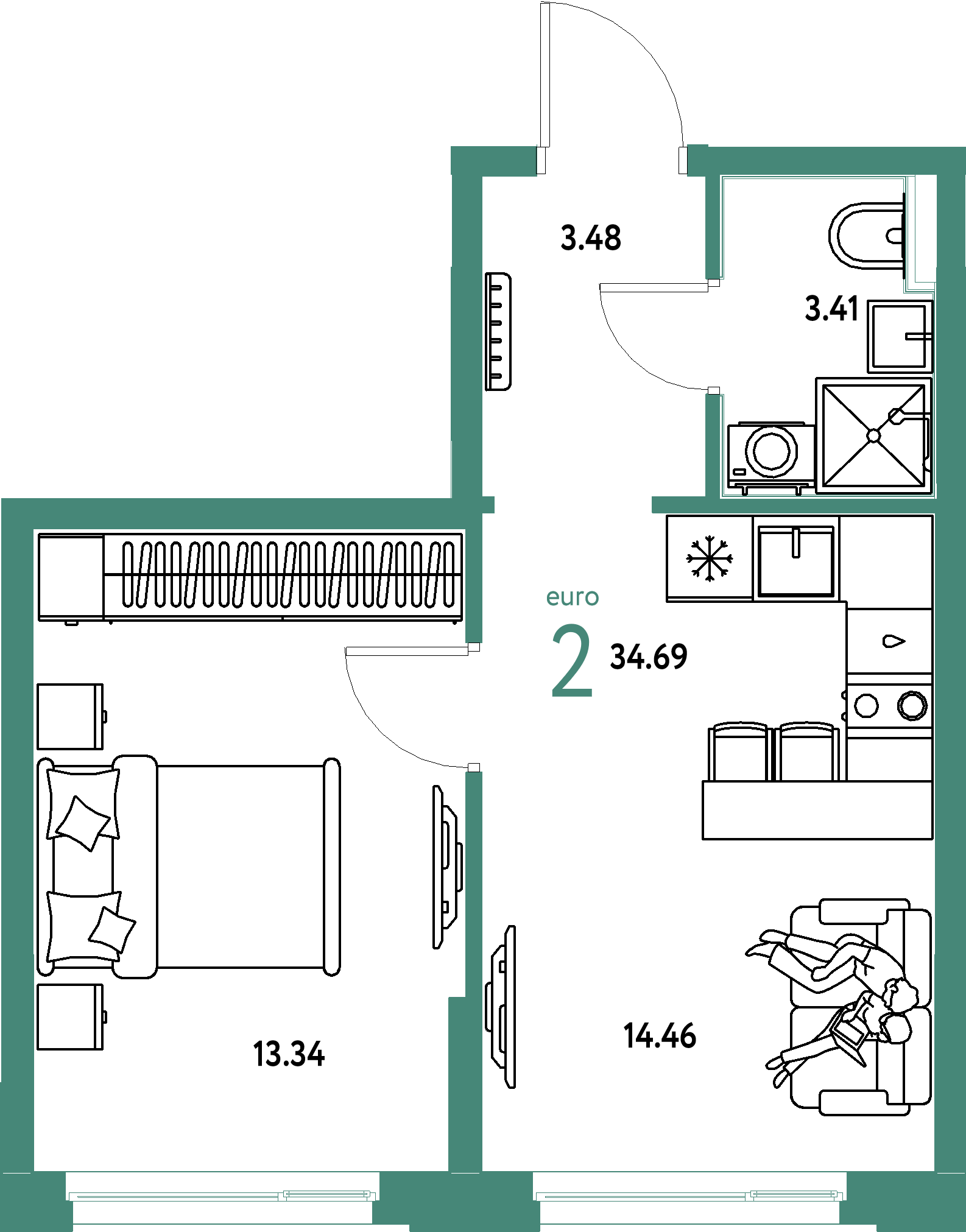 ЖК "Домашний"-2-комнатная 34.69 м²