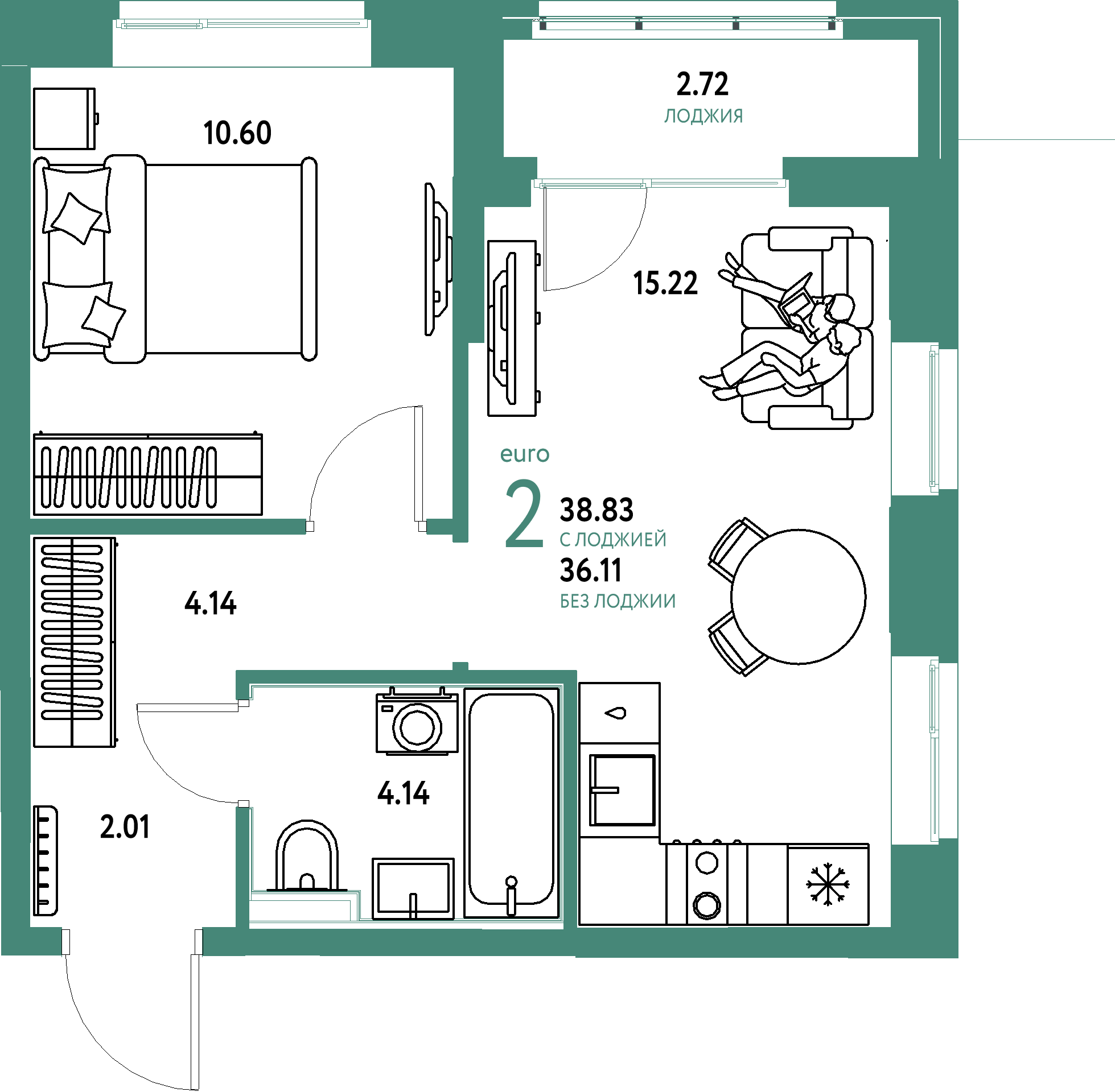 ЖК "Домашний"-2-комнатная 38.83 м²