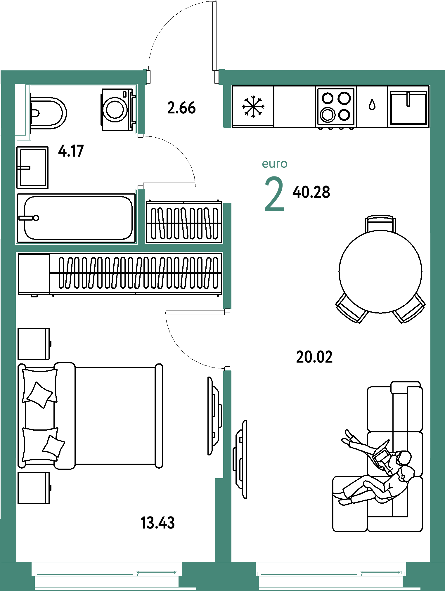 ЖК "Домашний"-2-комнатная 40.28 м²