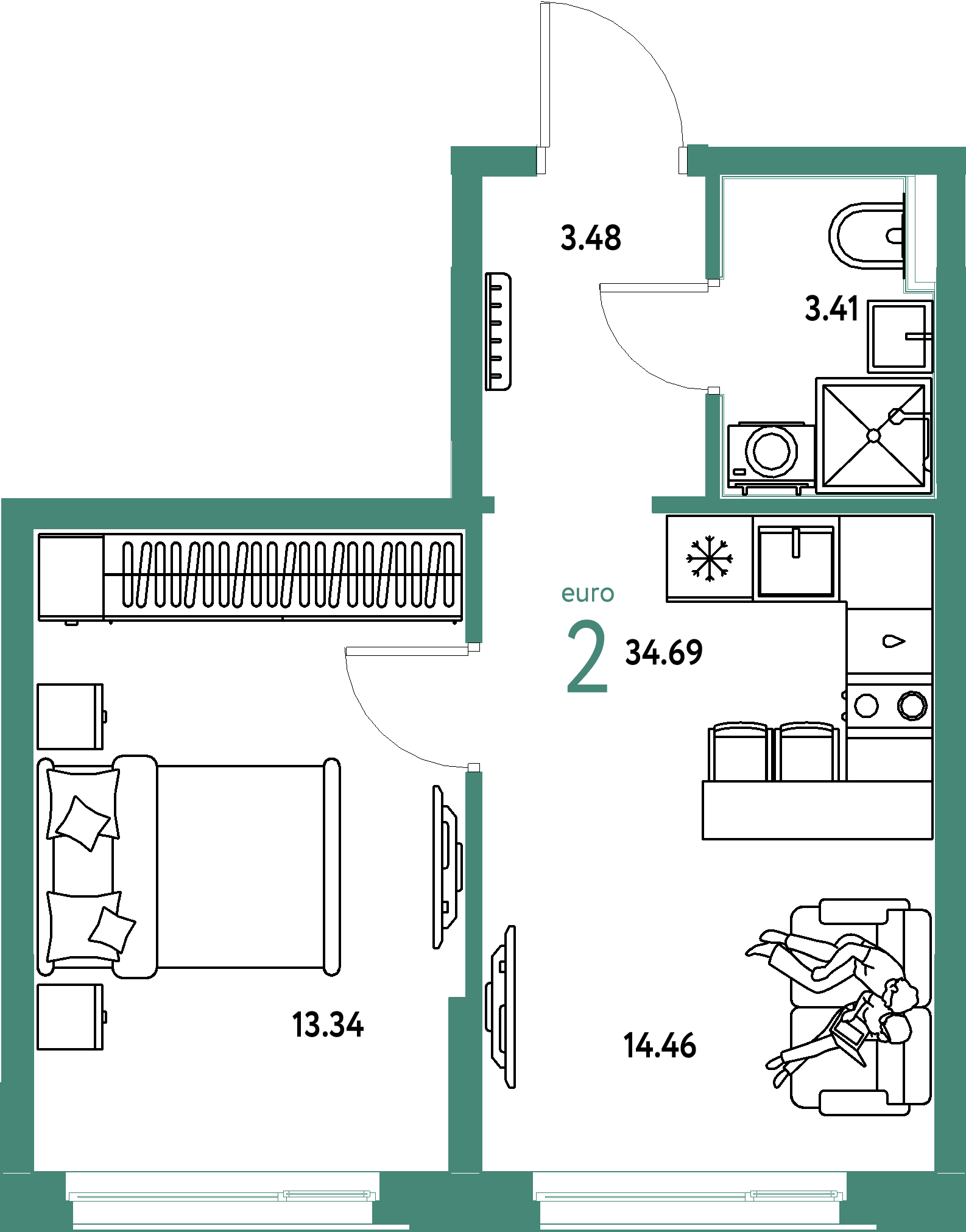 ЖК "Домашний"-2-комнатная 34.69 м²