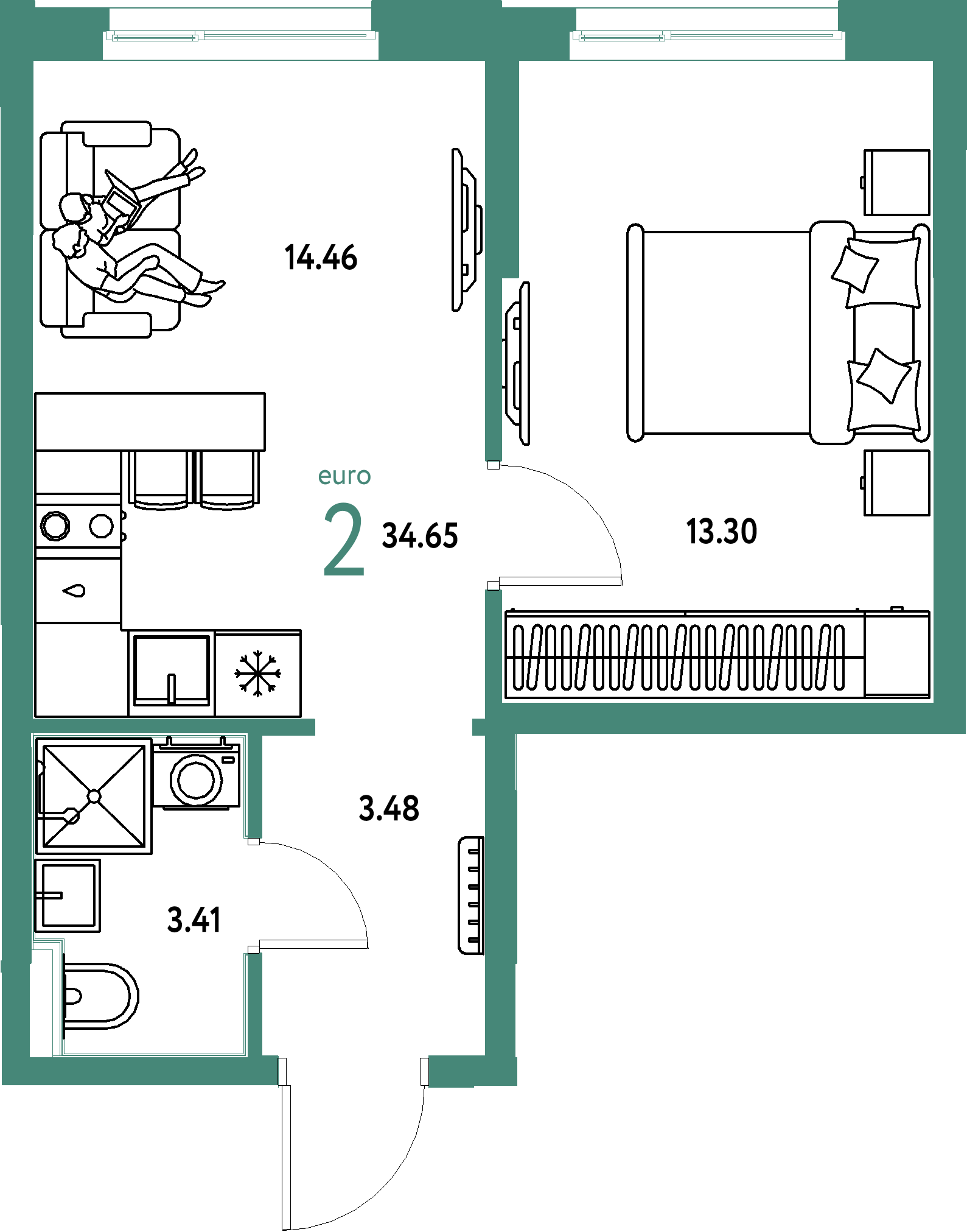 ЖК "Домашний"-2-комнатная 34.65 м²