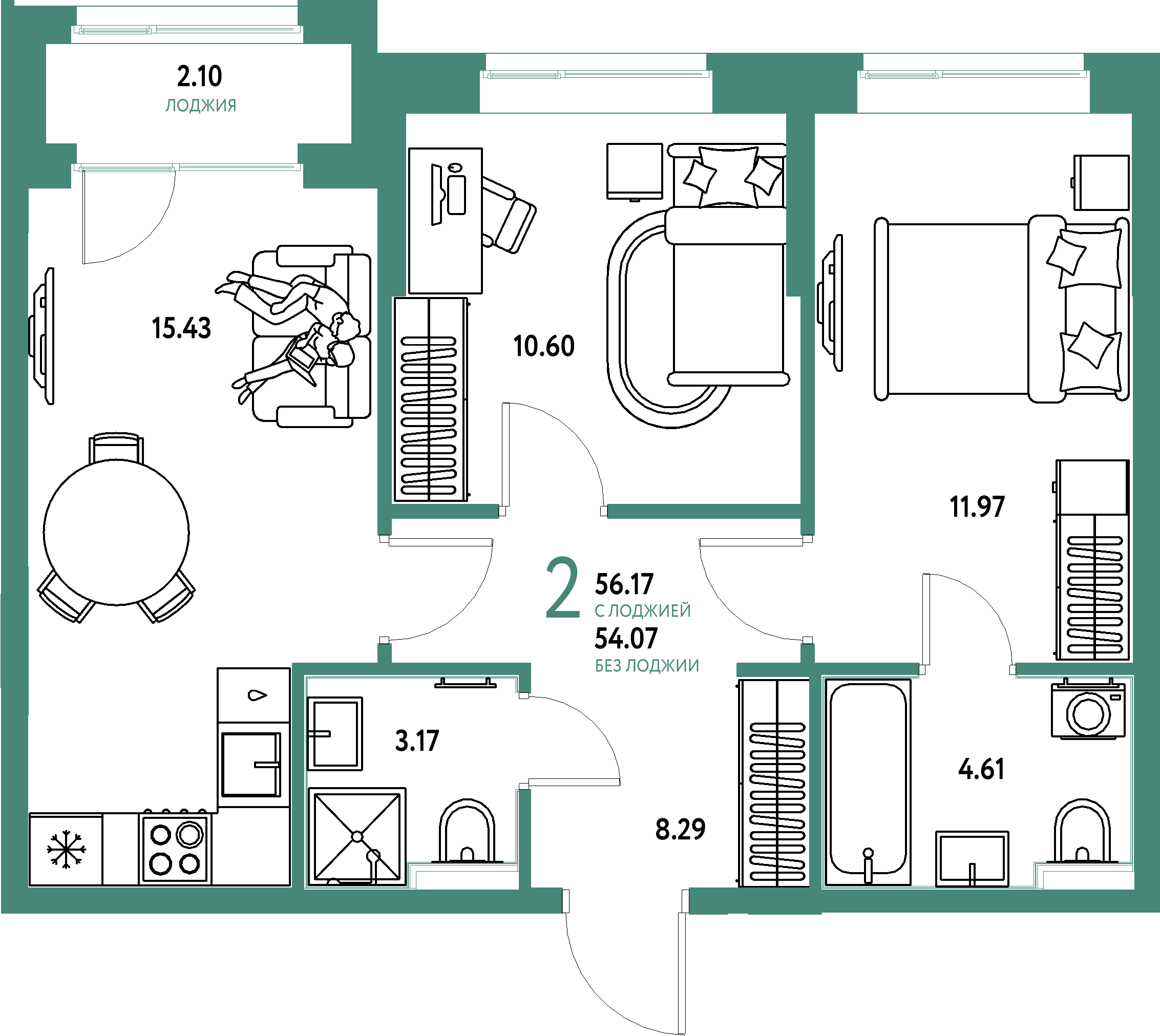 ЖК "Домашний"-2-комнатная 56.17 м²