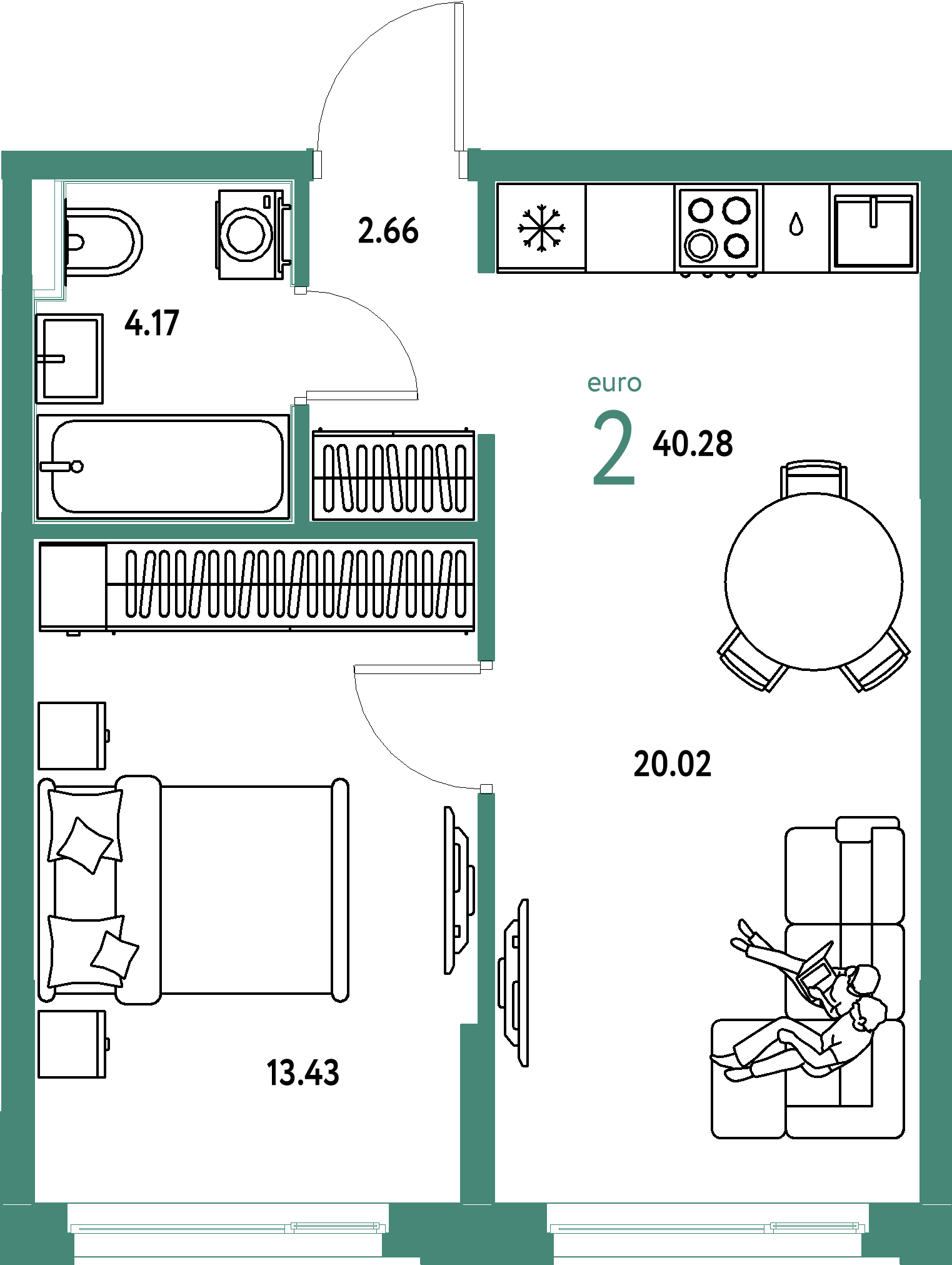 ЖК "Домашний"-2-комнатная 40.28 м²