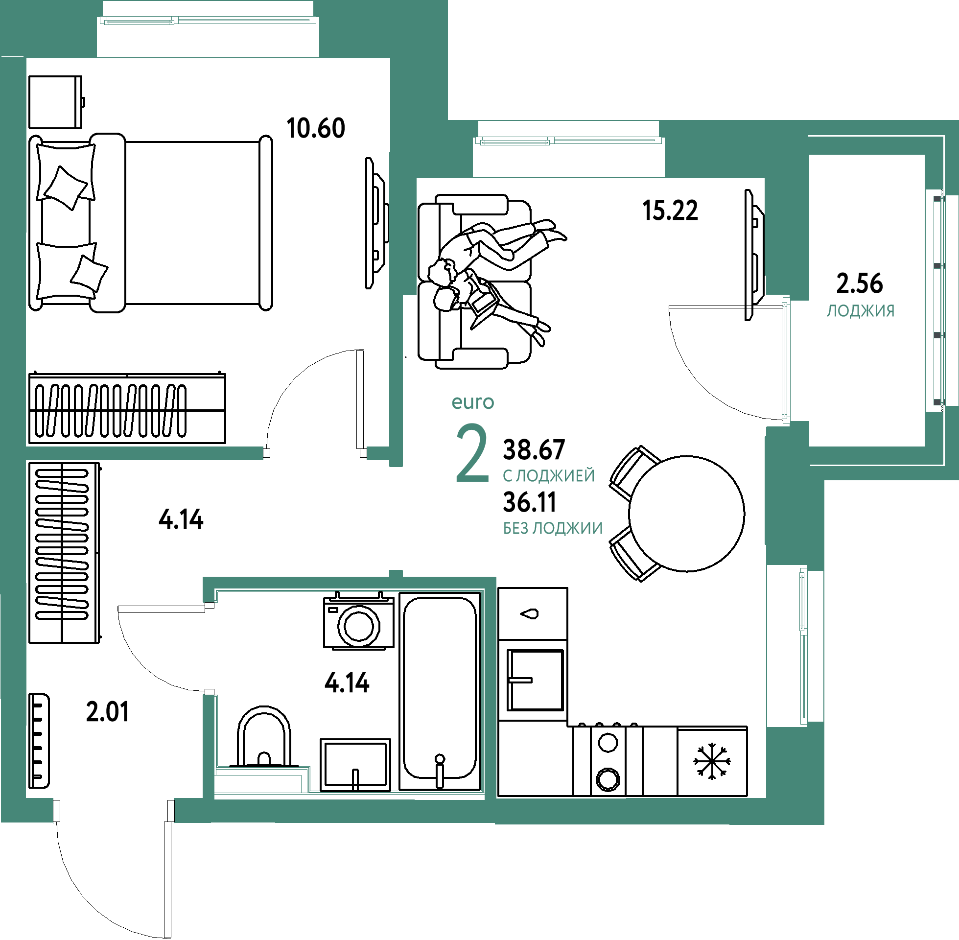 ЖК "Домашний"-2-комнатная 38.67 м²