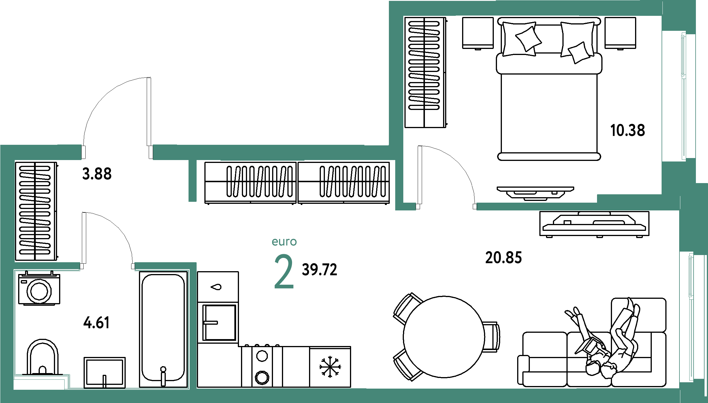 ЖК "Домашний"-2-комнатная 39.72 м²