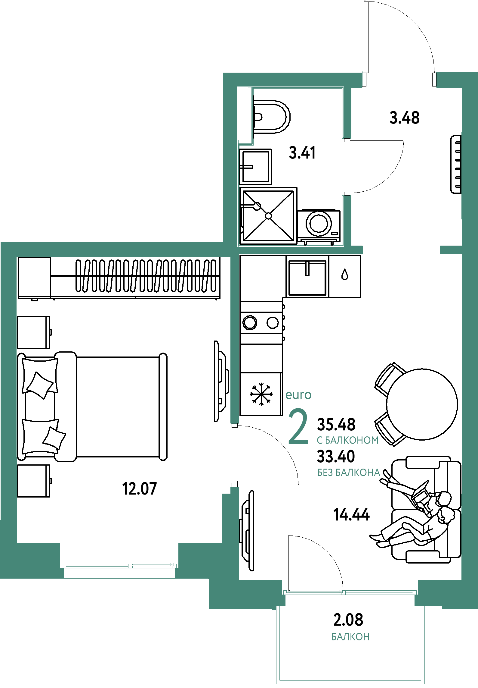 ЖК "Домашний"-2-комнатная 35.48 м²