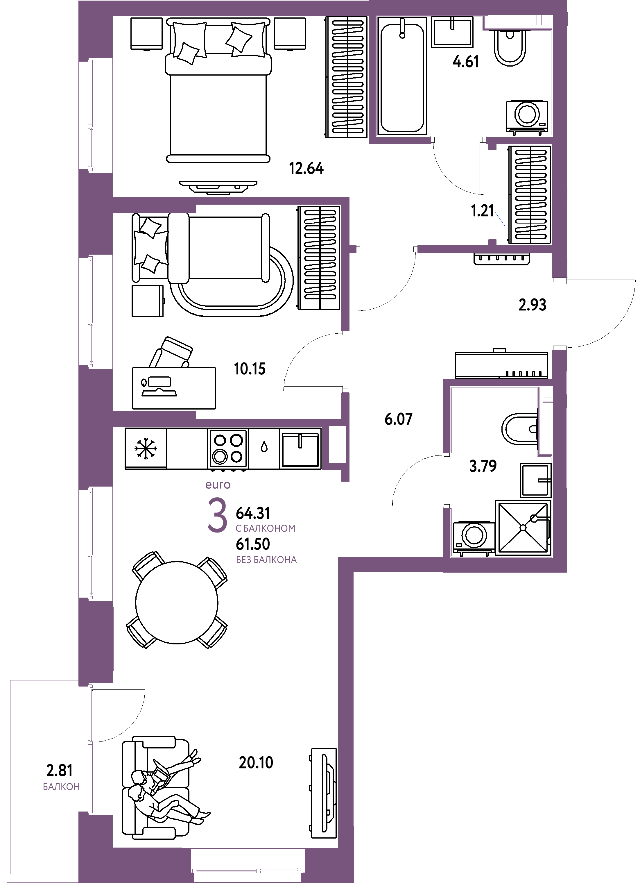 ЖК "Домашний"-3-комнатная 64.31 м²