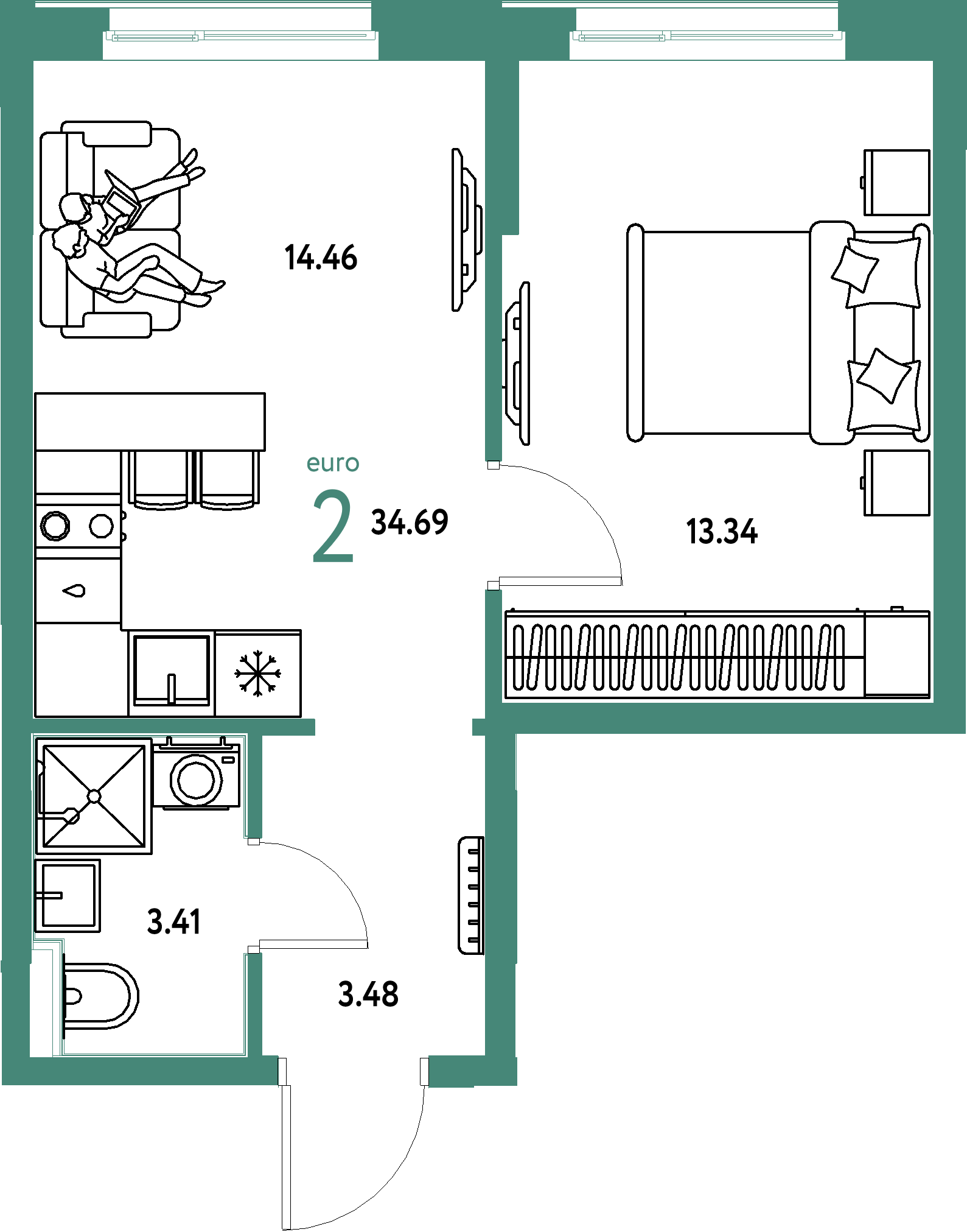 ЖК "Домашний"-2-комнатная 34.69 м²