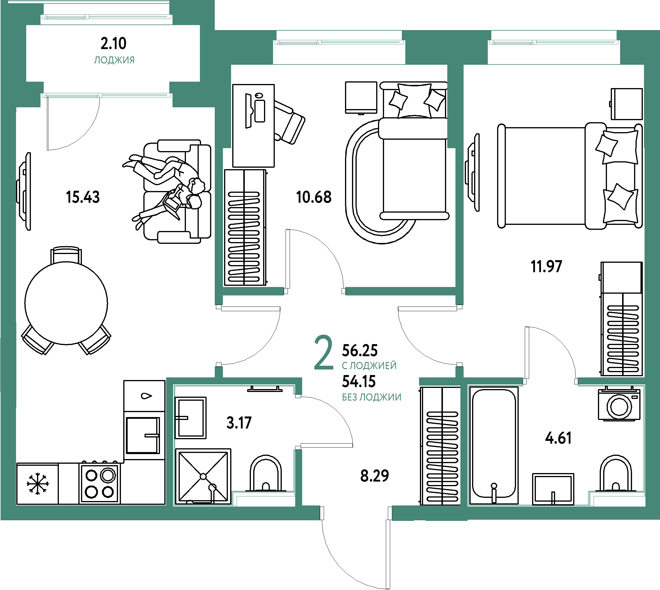 ЖК "Домашний"-2-комнатная 56.25 м²