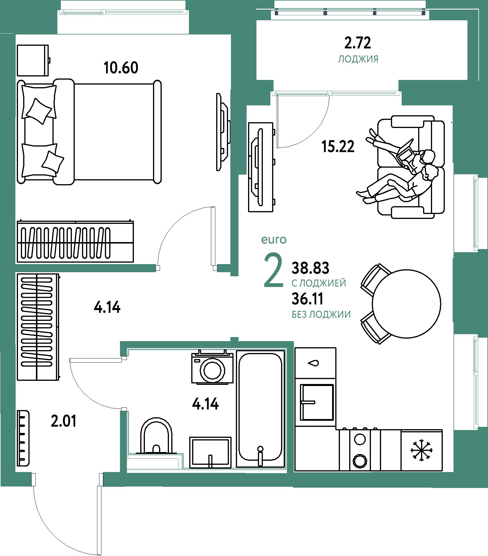 ЖК "Домашний"-2-комнатная 38.83 м²