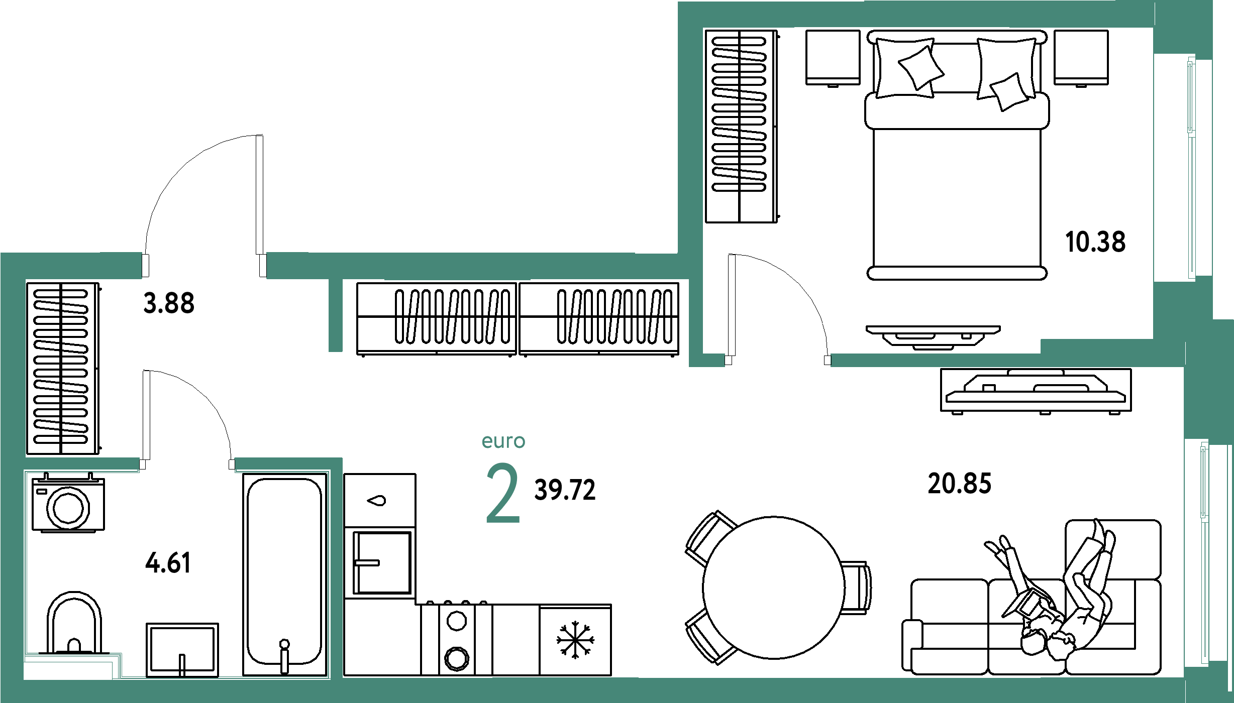 ЖК "Домашний"-2-комнатная 39.72 м²