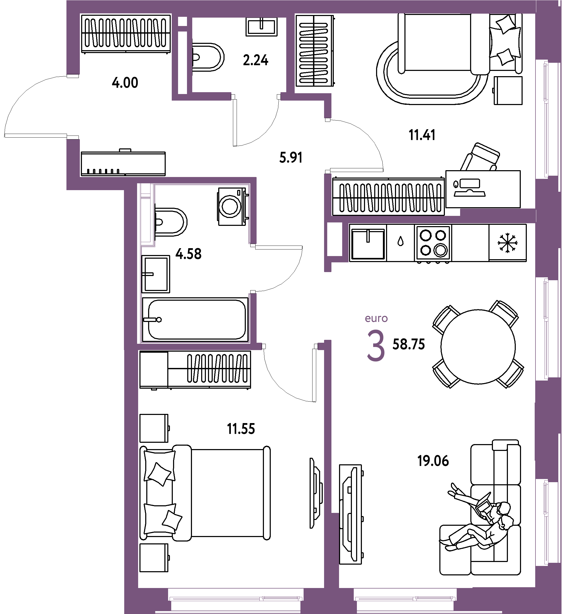ЖК "Домашний"-3-комнатная 58.75 м²