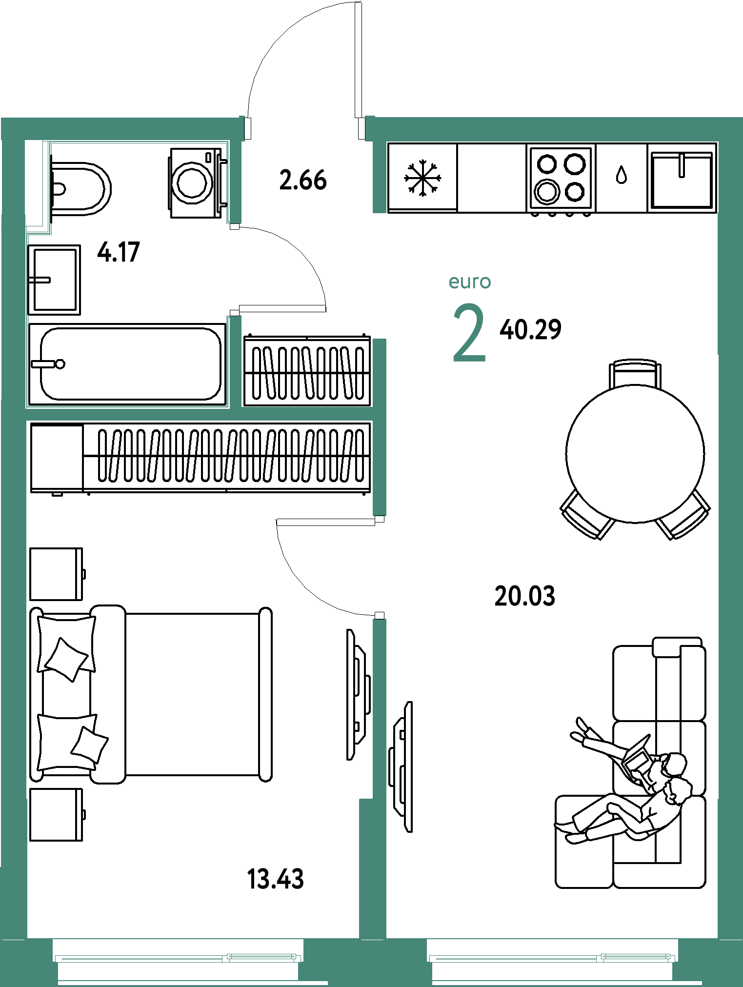 ЖК "Домашний"-2-комнатная 40.29 м²